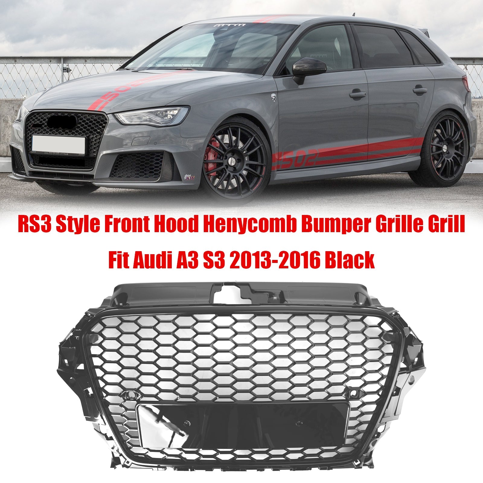 2013-2016 Audi A3 S3 RS3 Style Black Honeycomb Front Hood Bumper Grille