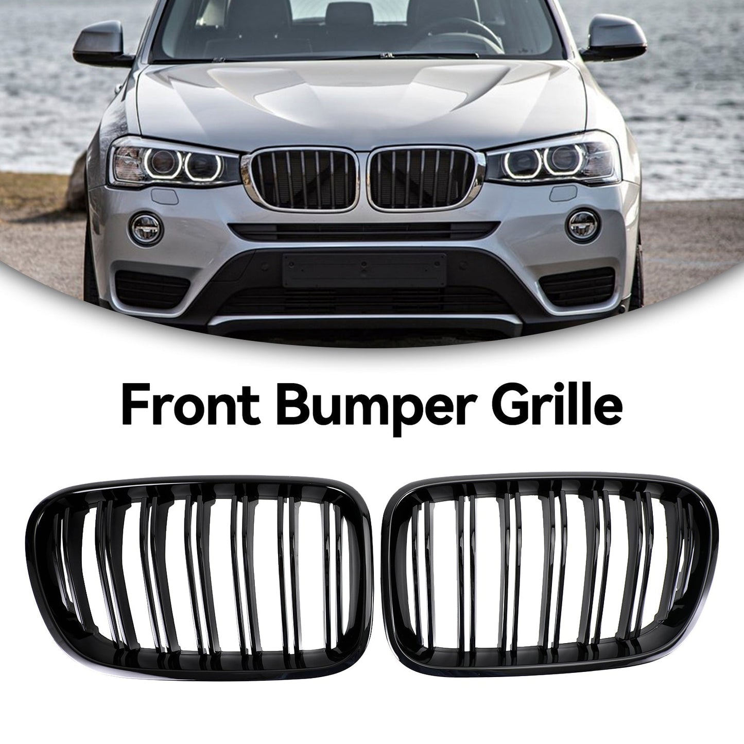 2010-2014 BMW X3 F25 Pre-Facelift Gloss Black Front Bumper Kidney Grill — Pair (51712297589 / 51117210725)