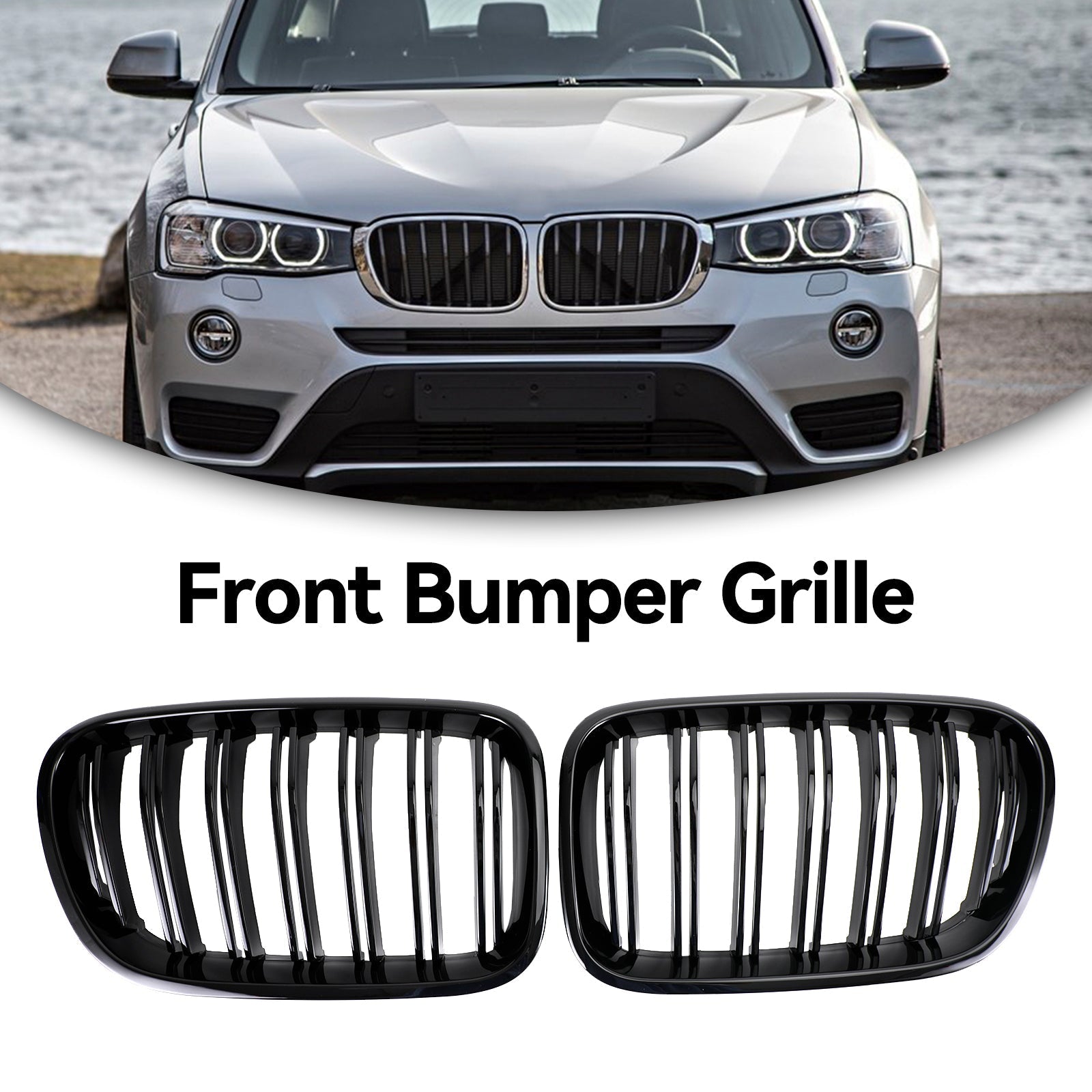 2010-2014 BMW X3 F25 Pre-Facelift Gloss Black Front Bumper Kidney Grill — Pair (51712297589 / 51117210725)