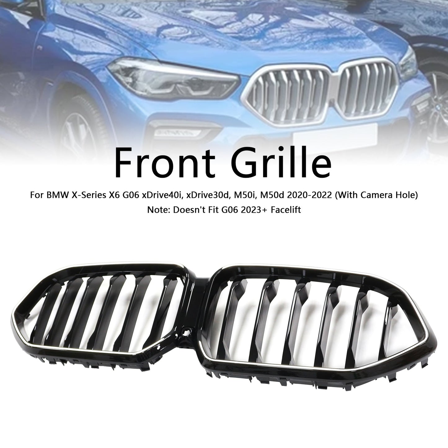 2020-2022 BMW X6 G06 M50i Black Front Bumper Grille with Camera Hole