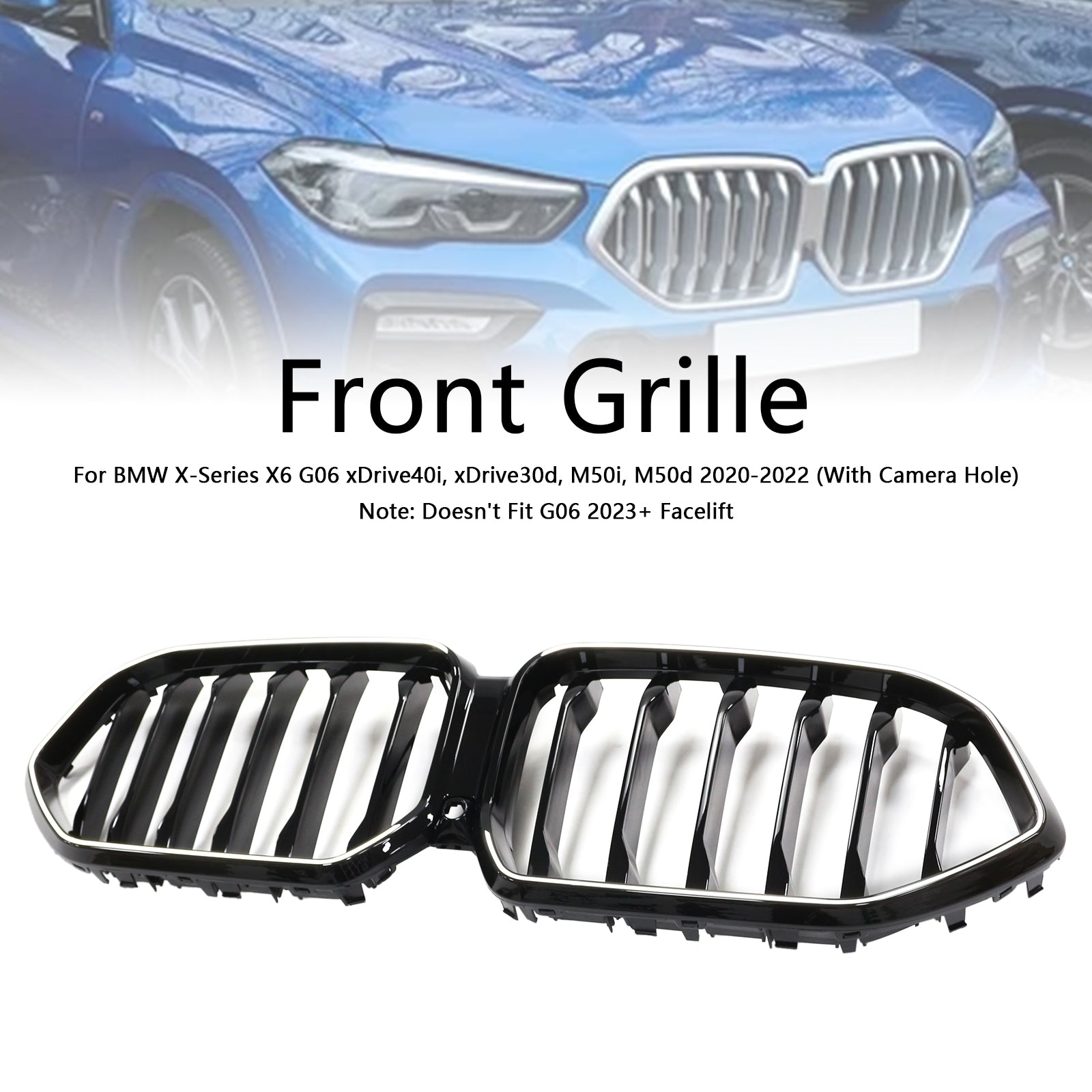 2020-2022 BMW X6 G06 M50i Black Front Bumper Grille with Camera Hole