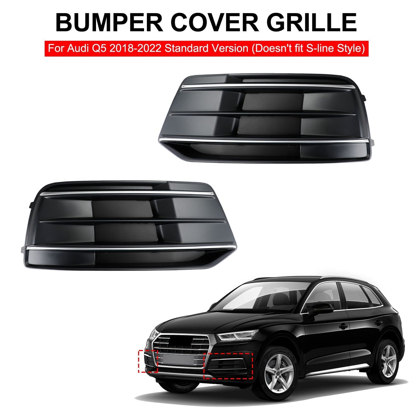 2018-2022 Audi Q5 Standard Black/Chrome Front Bumper Cover Grille Bezel Insert — Pair