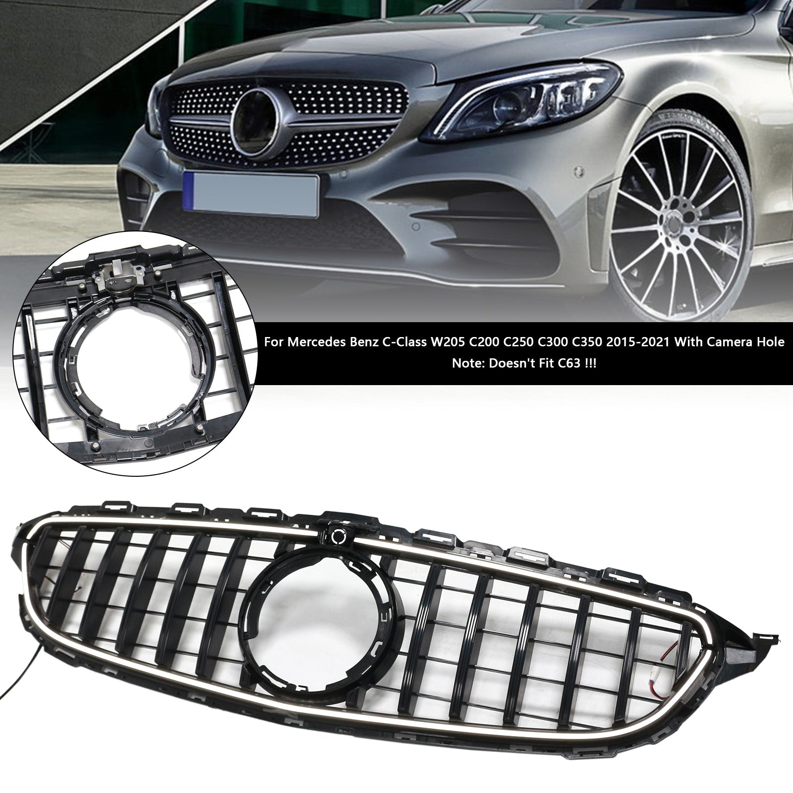 2015-2021 Mercedes-Benz C-Class W205 C200 C250 C300 C350 Black Front Bumper Grille with LED