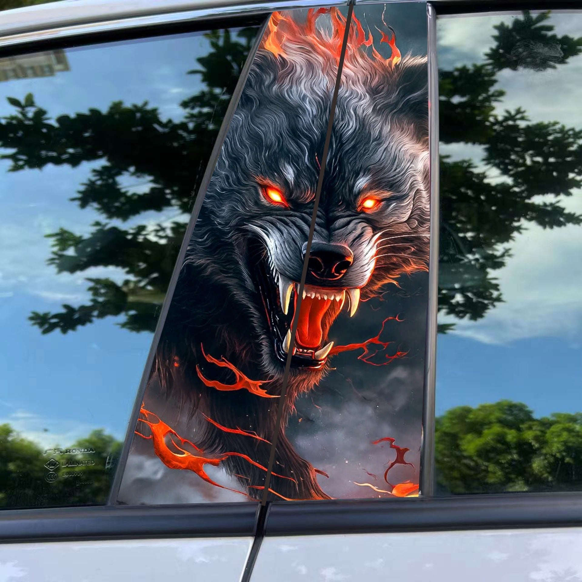 Car Center B Pillar Sticker Car Door Pillar Decals Black Wolf Engulfed - OMOTOR