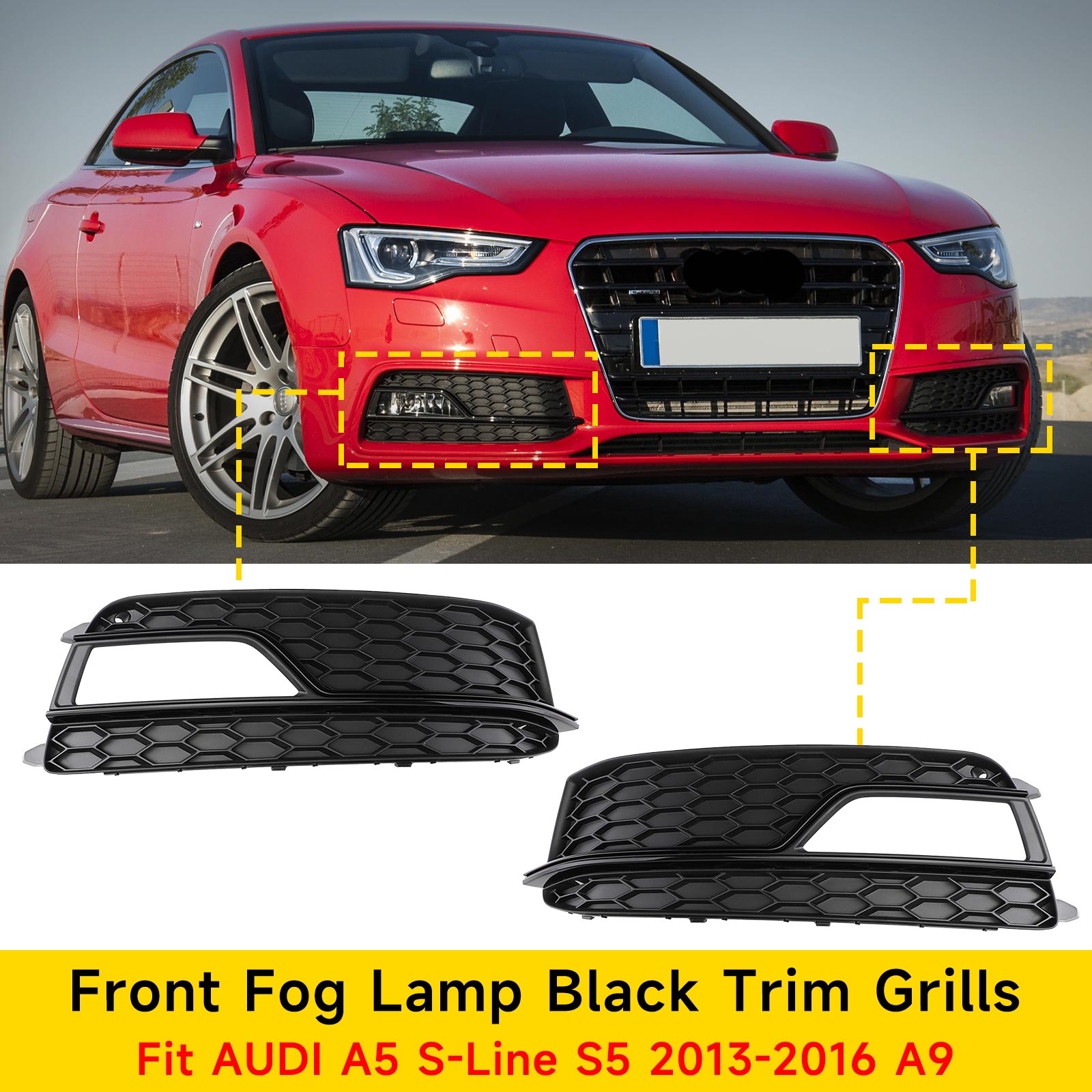 2013-2016 Audi A5 S-Line S5 Black Front Fog Lamp Trim Grill — Pair