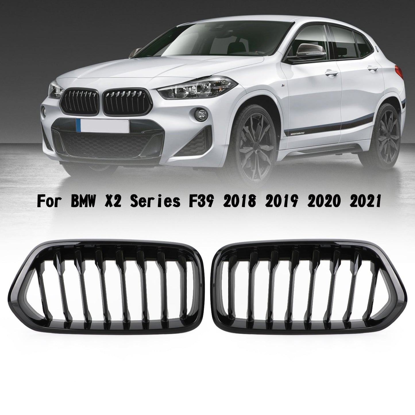 2018-2021 BMW X2 F39 Gloss Black Front Bumper Kidney Grille — Pair (51712455246 / 51712455247)