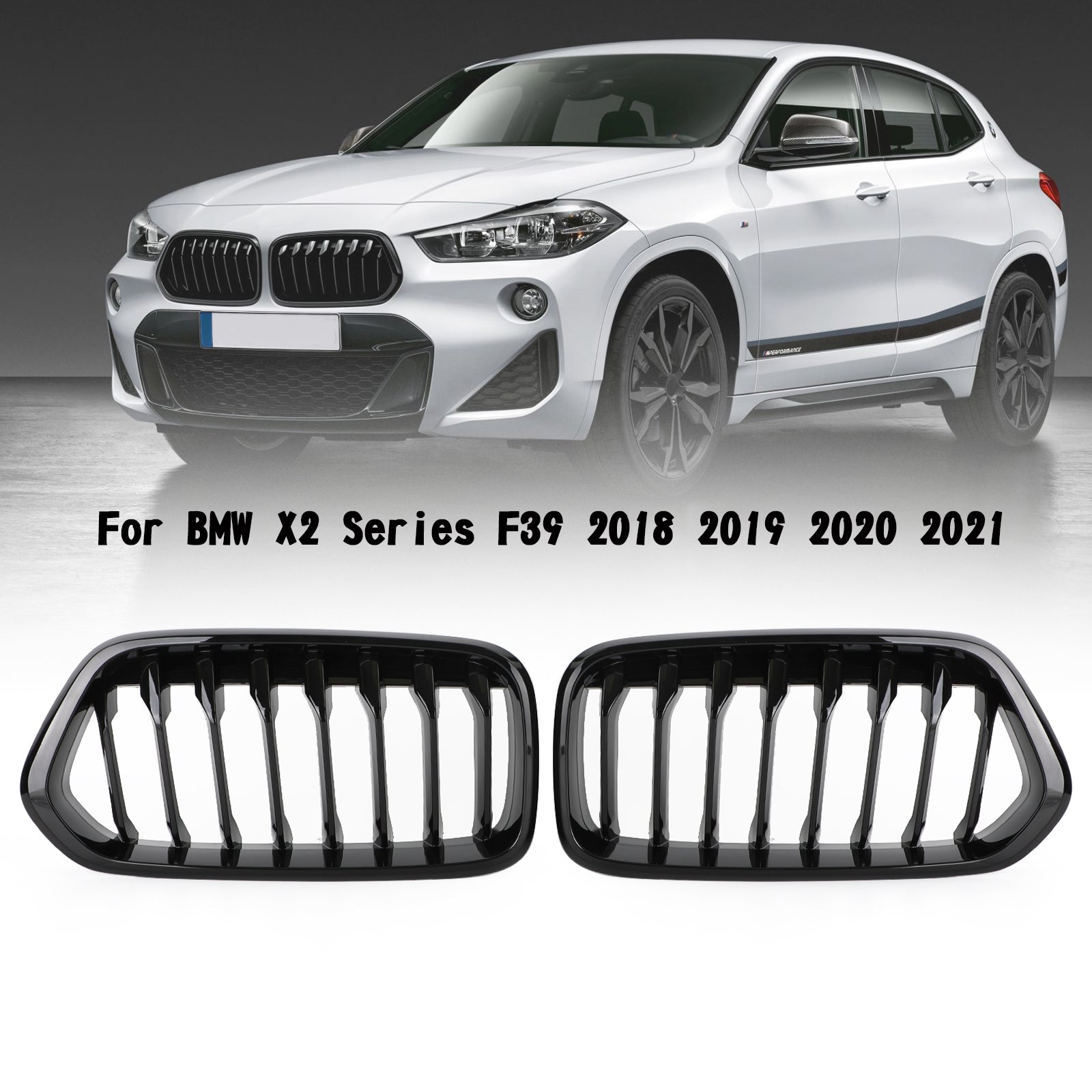 2018-2021 BMW X2 F39 Gloss Black Front Bumper Kidney Grille — Pair (51712455246 / 51712455247)