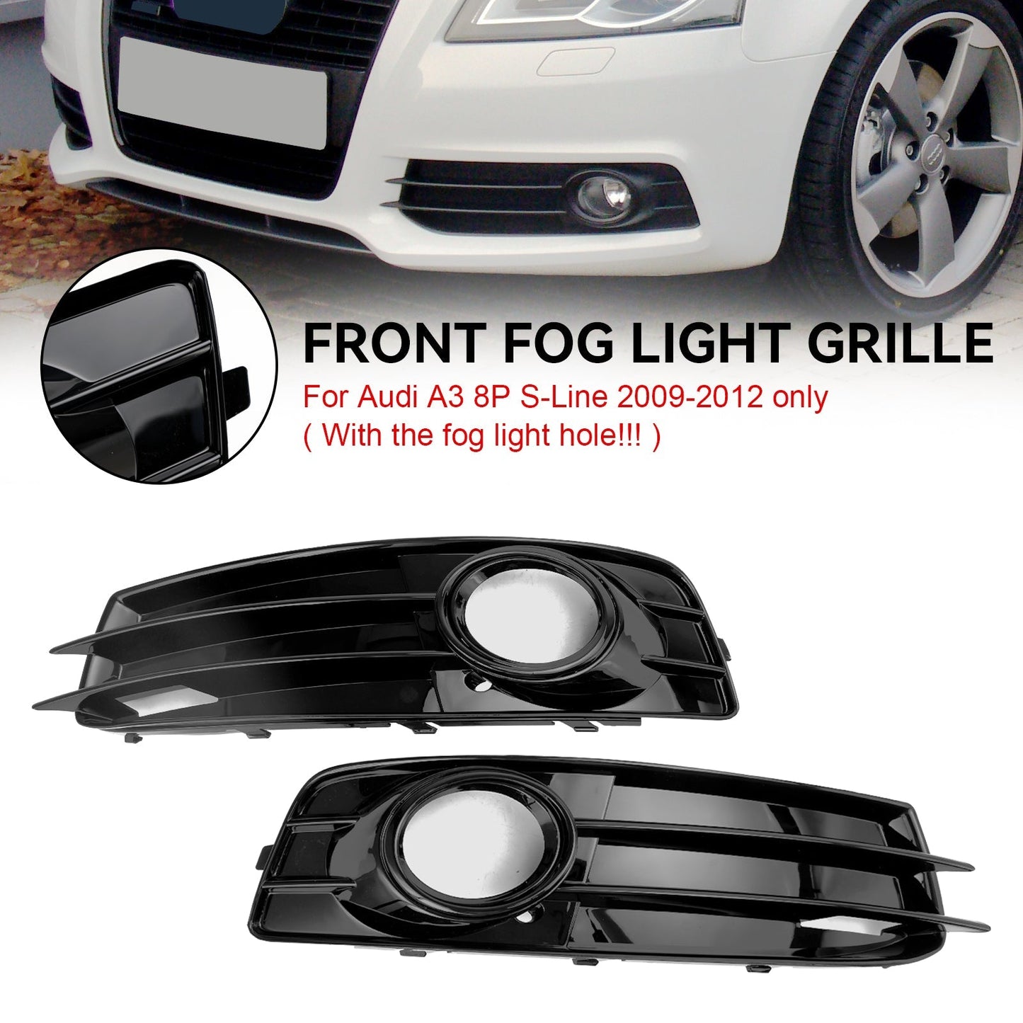 2009-2012 Audi A3 8P S-Line Front Lower Bumper Grille Fog Light Cover — Pair (8P0807682 / 8P0807681)