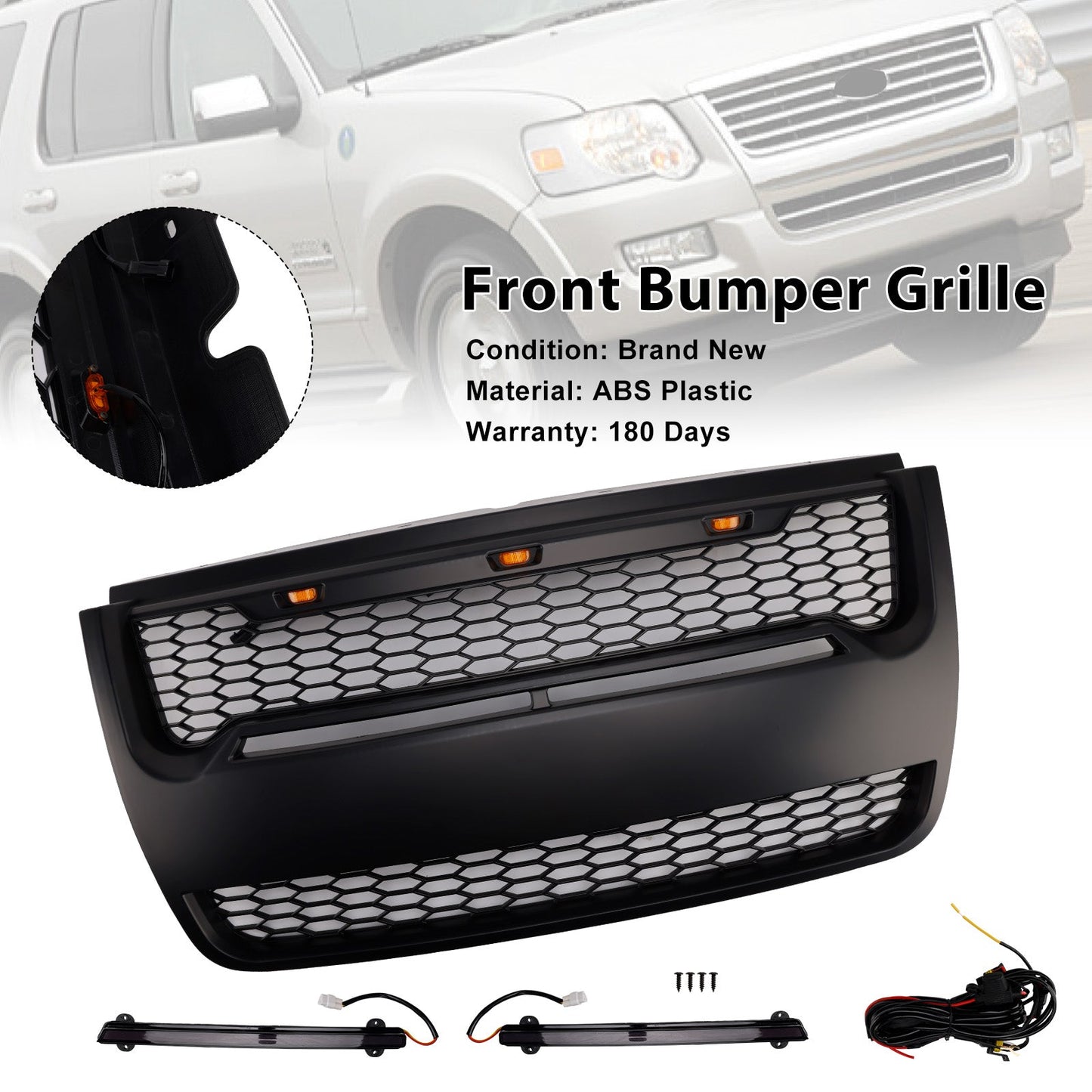 Black Front Upper Bumper Grill Grille Fit Ford Explorer 2006-2010 With Light