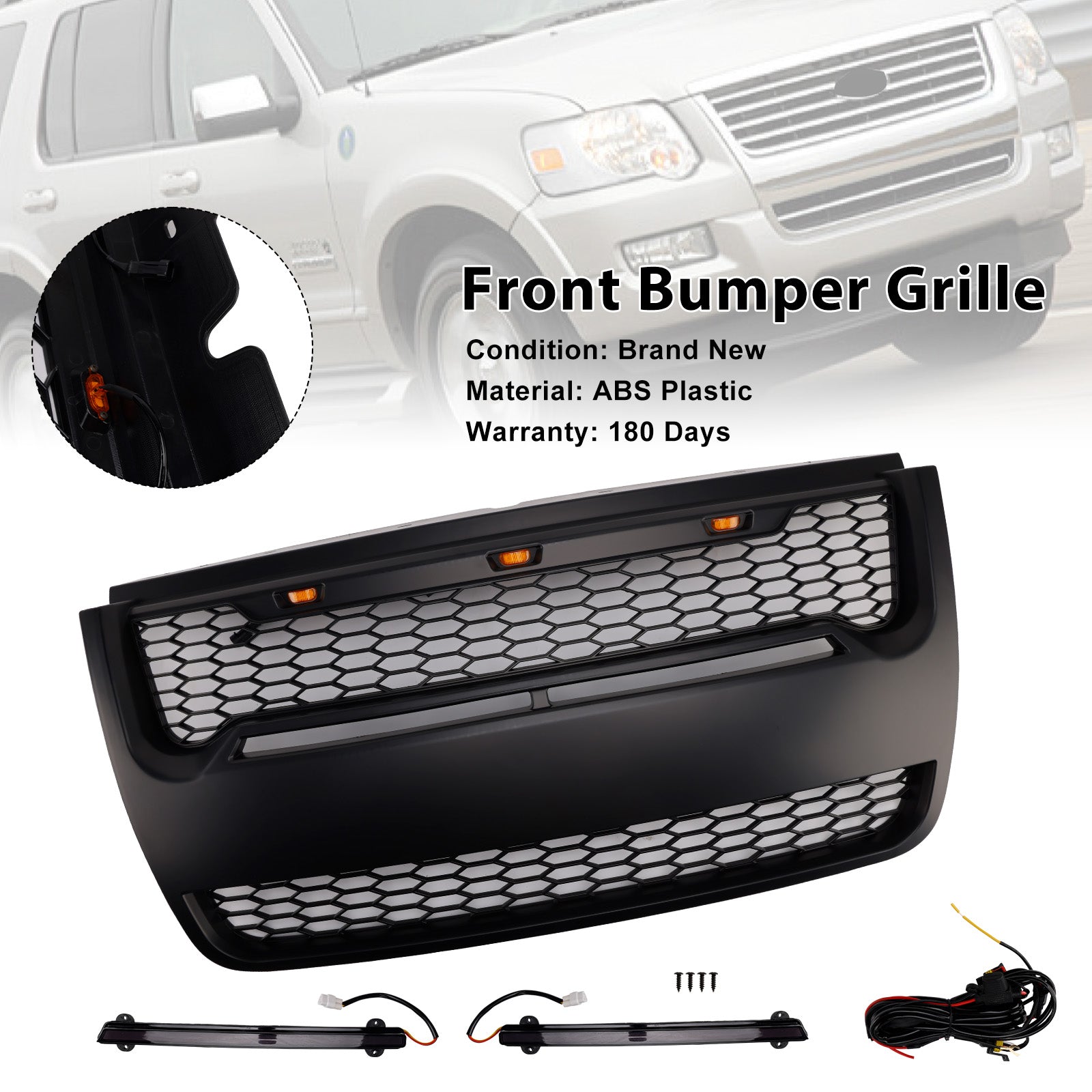 Black Front Upper Bumper Grill Grille Fit Ford Explorer 2006-2010 With Light