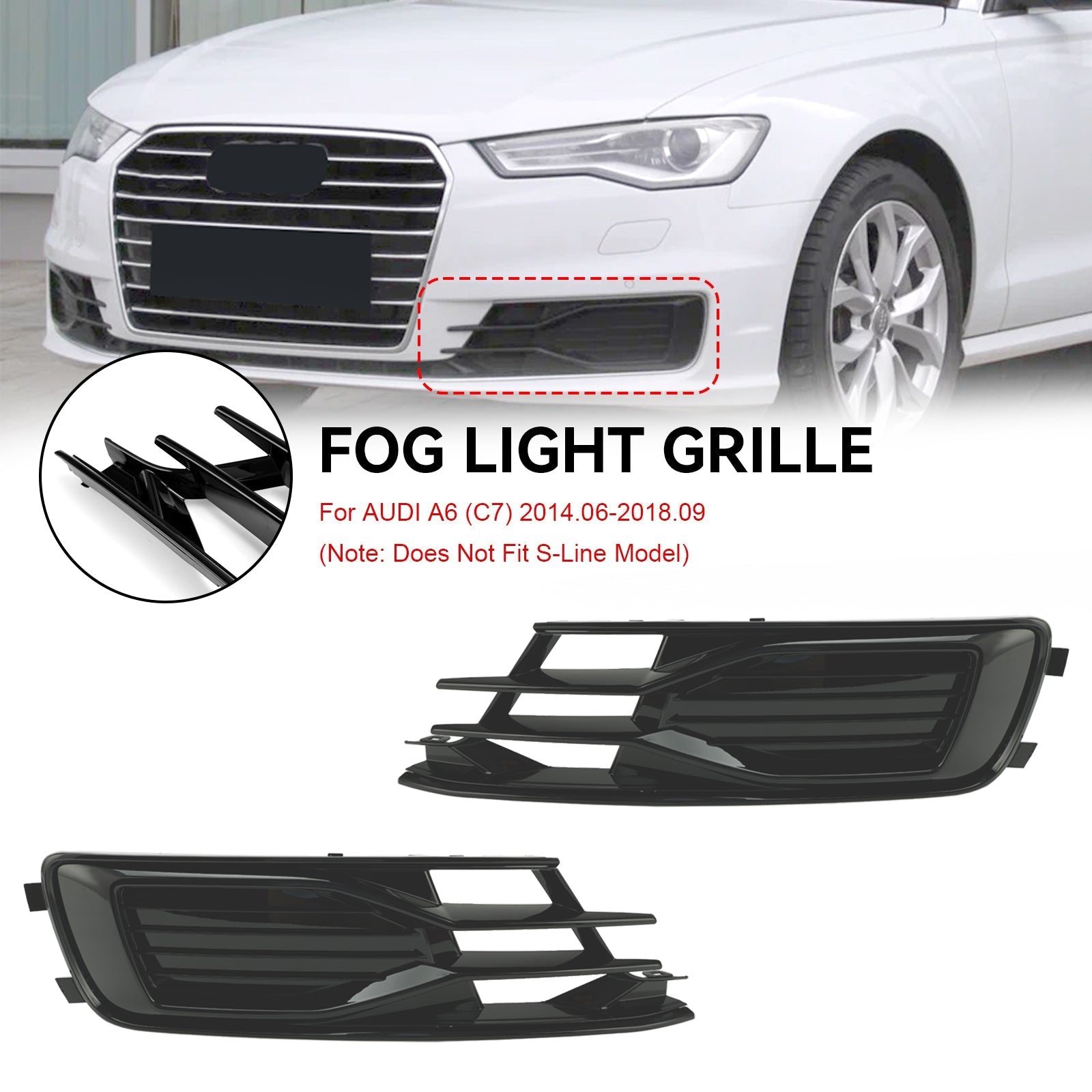 2014-2018 Audi A6 C7 Black Front Bumper Fog Light Cover Grille — Pair (4G0807647T94 / 4G0807648T94)