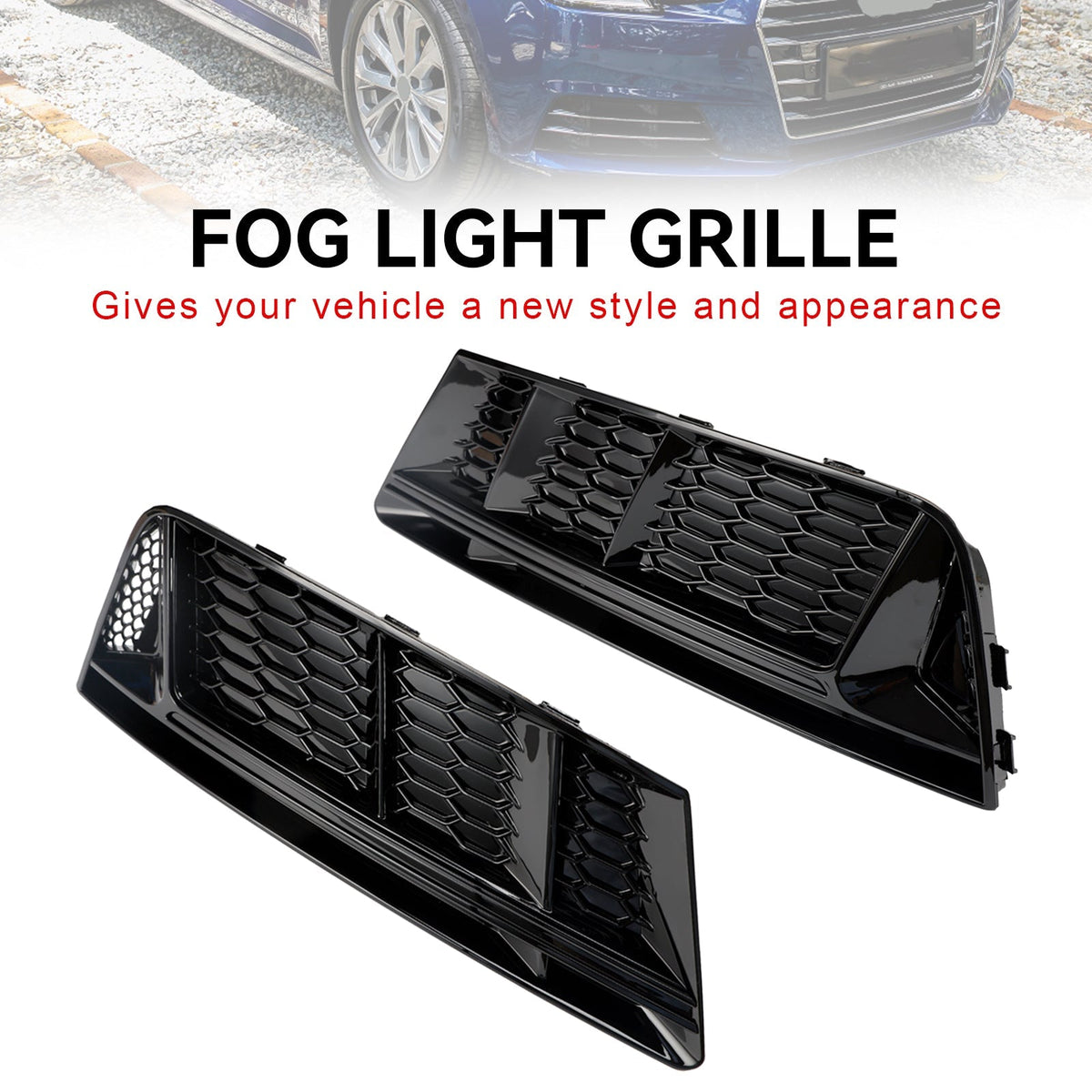2016-2018 Audi A4 B9 Standard RS4 Style Front Fog Light Grill Lower Bumper Grille Chrome — Pair (8WD807681 / 8WD807682)