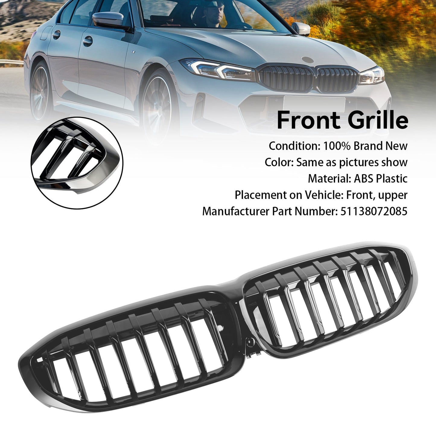 2019-2022 BMW 3 Series G20 G28 Gloss Black Front Kidney Grille (51138072085)