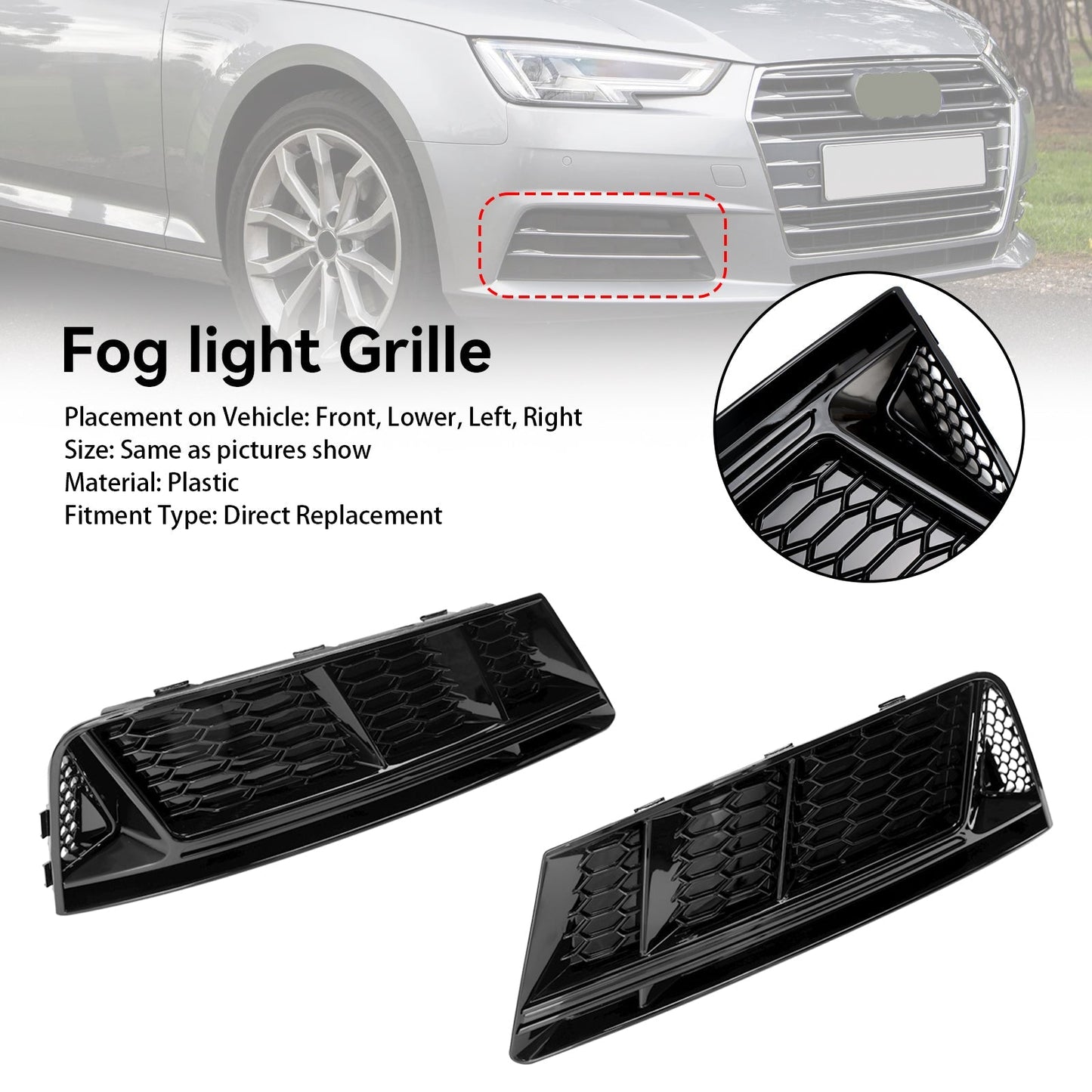 2016-2018 Audi A4 B9 Standard RS4 Style Front Fog Light Grill Lower Bumper Grille Chrome — Pair (8WD807681 / 8WD807682)