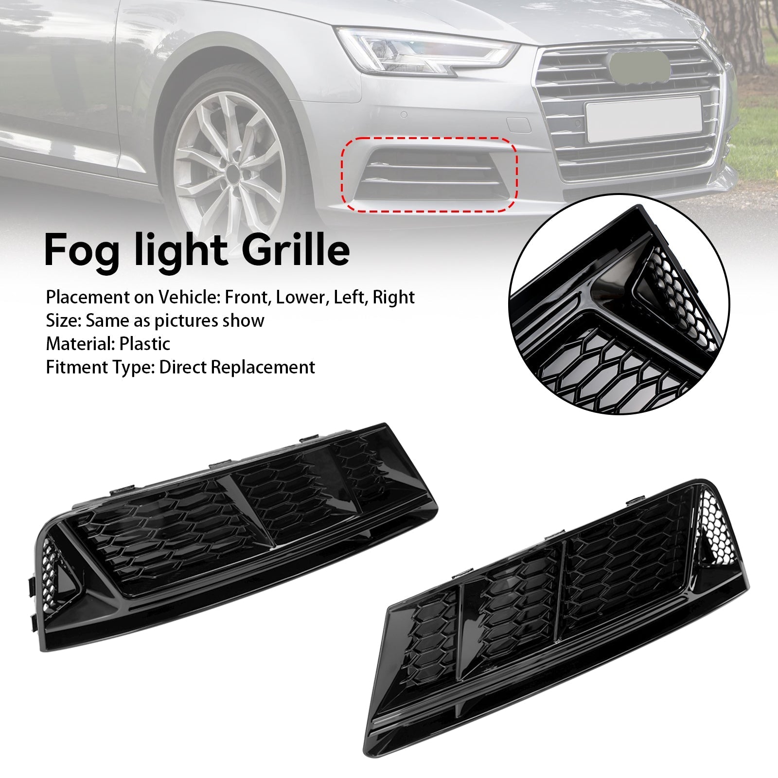 2016-2018 Audi A4 B9 Standard RS4 Style Front Fog Light Grill Lower Bumper Grille Chrome — Pair (8WD807681 / 8WD807682)