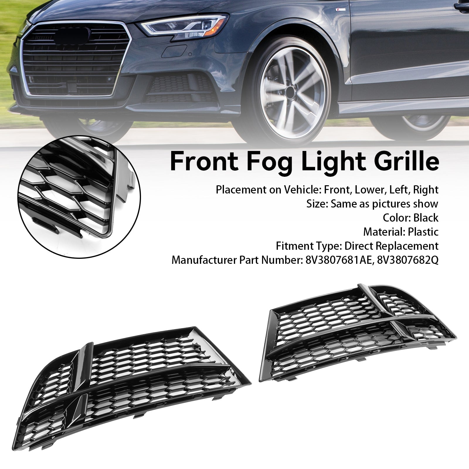 2016-2020 Audi A3 8V S-Line Front Fog Light Cover Bezel Grille — Pair (8V3807681AE / 8V3807682Q)