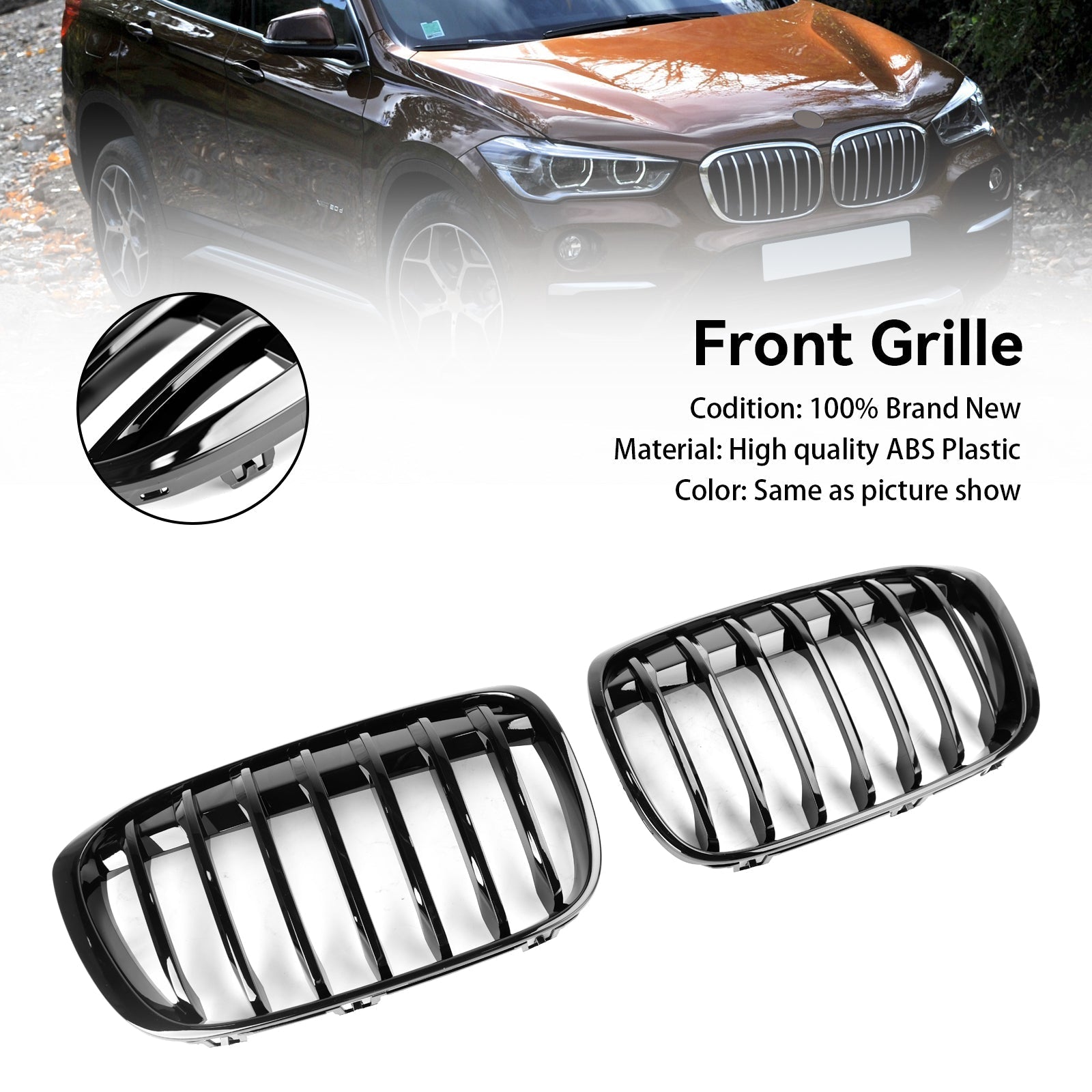 2016-2018 BMW X1 F48 F49 Gloss Black Front Kidney Grille — Pair