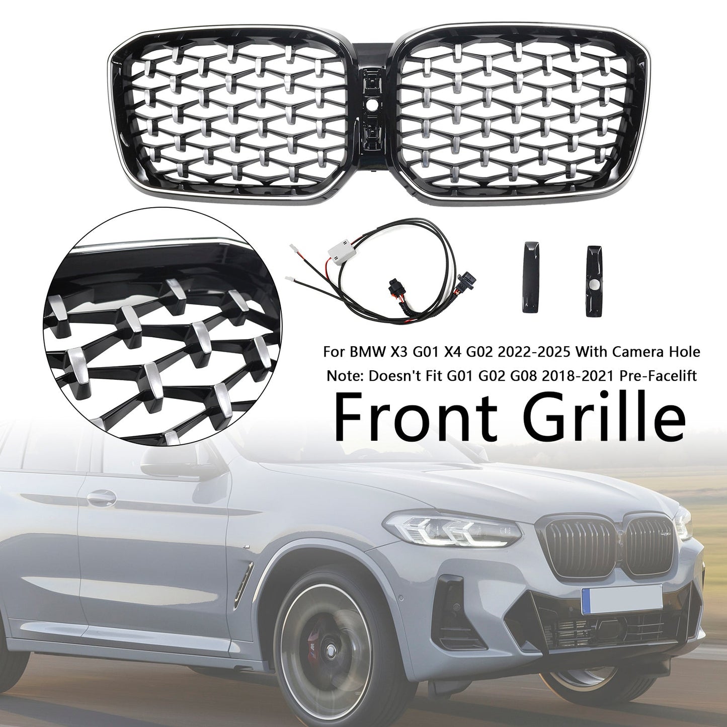 2022-2025 BMW X3 G01 X4 G02 Diamond Chrome Front Bumper Kidney Grille