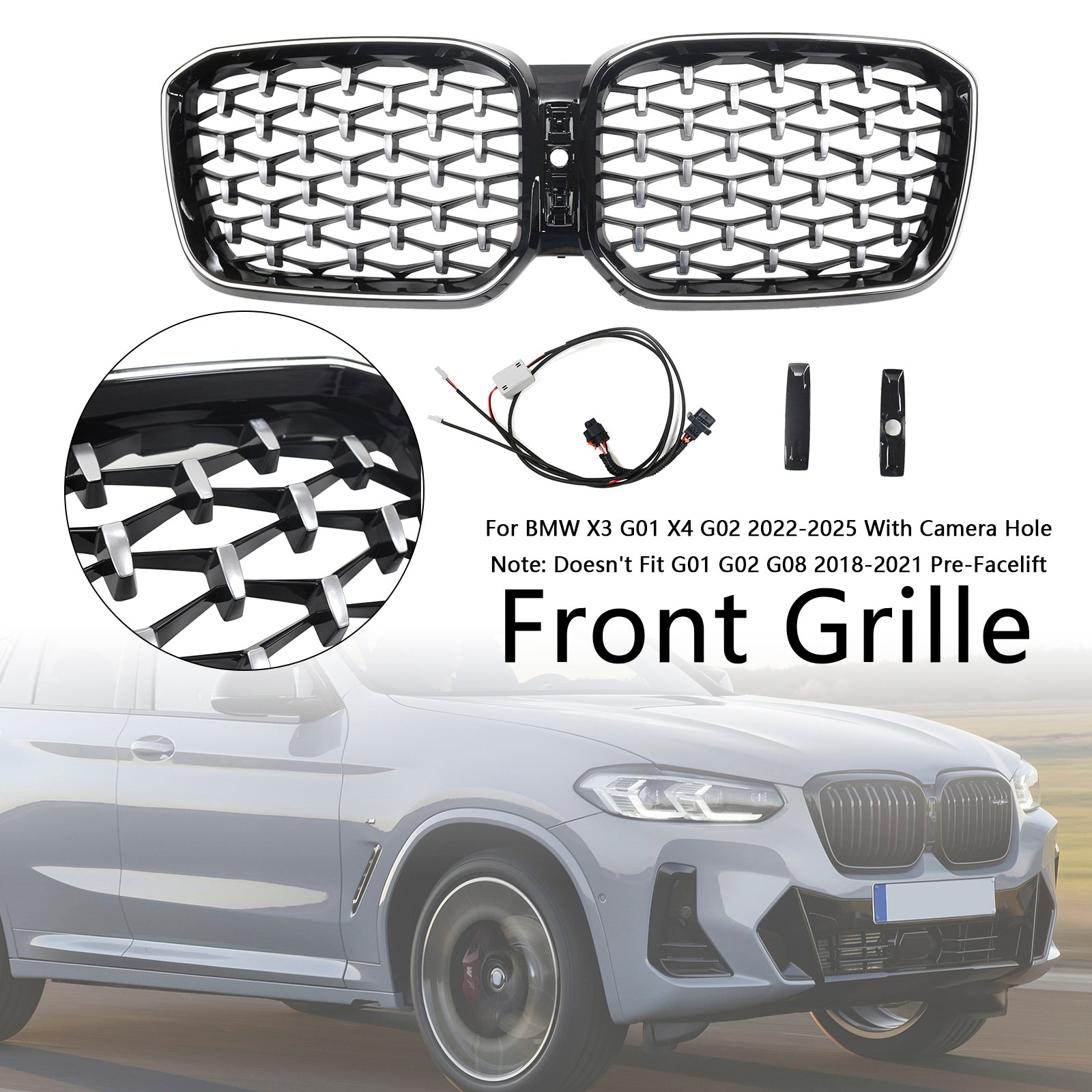 2022-2025 BMW X3 G01 X4 G02 Diamond Chrome Front Bumper Kidney Grille