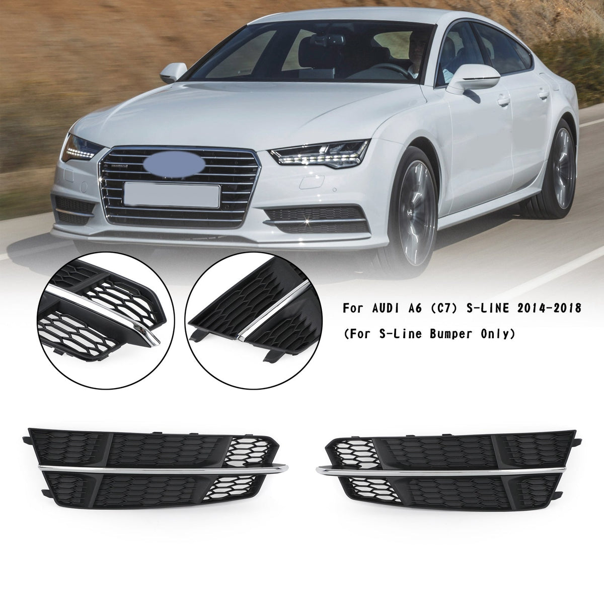 2016-2018 Audi A6 C7 S-Line Front Bumper Lower Grille — Black Chrome Pair