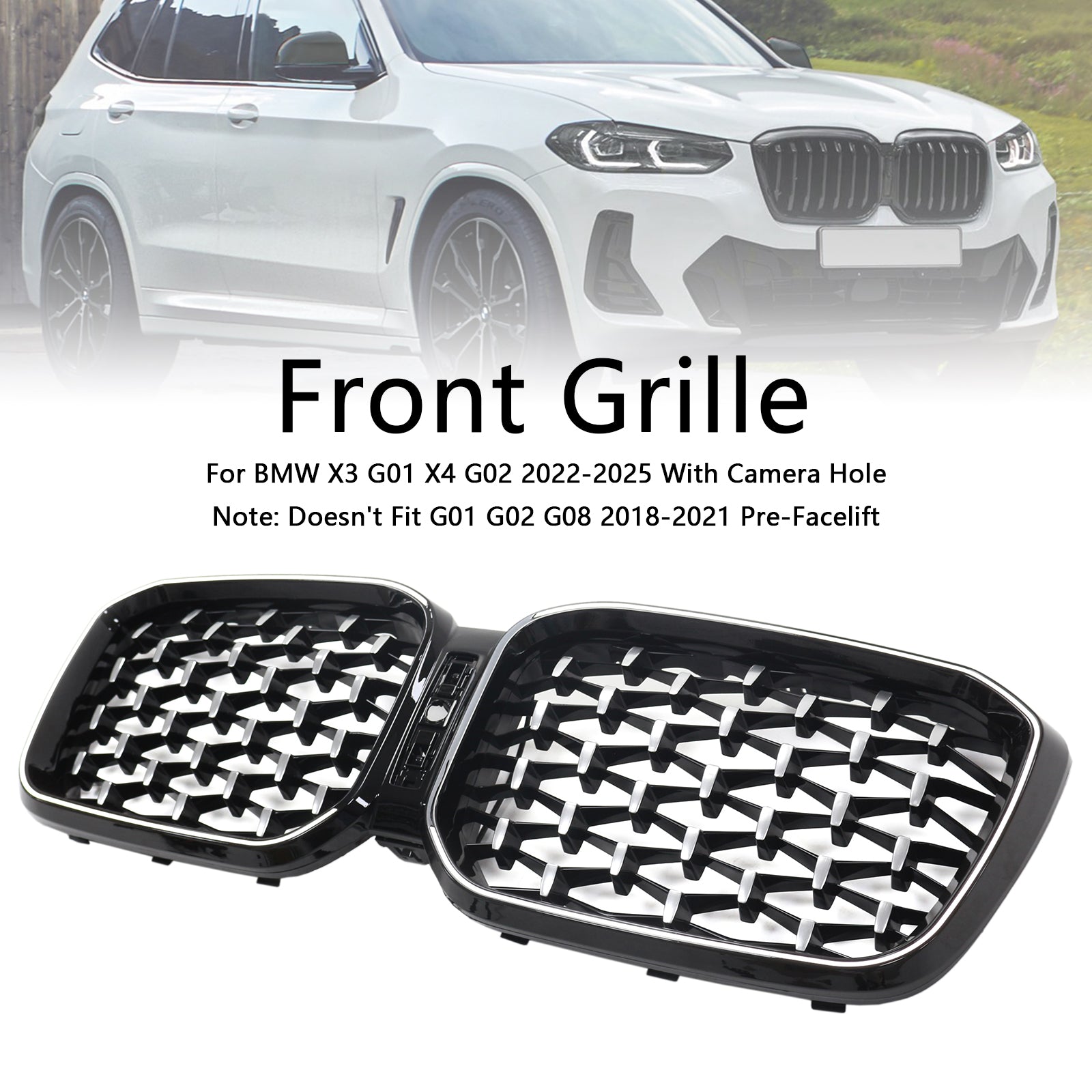 2022-2025 BMW X3 G01 X4 G02 Diamond Chrome Front Bumper Kidney Grille
