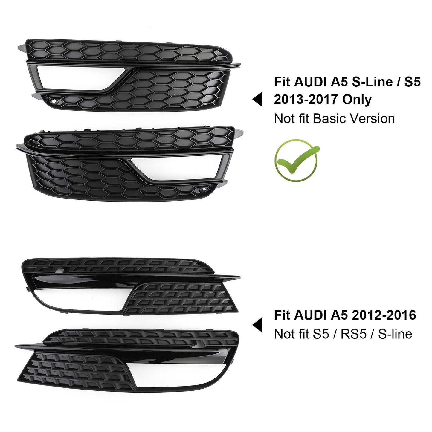 2013-2016 Audi A5 S-Line Black Front Fog Lamp Trim Grill — Pair (8T0807681K)