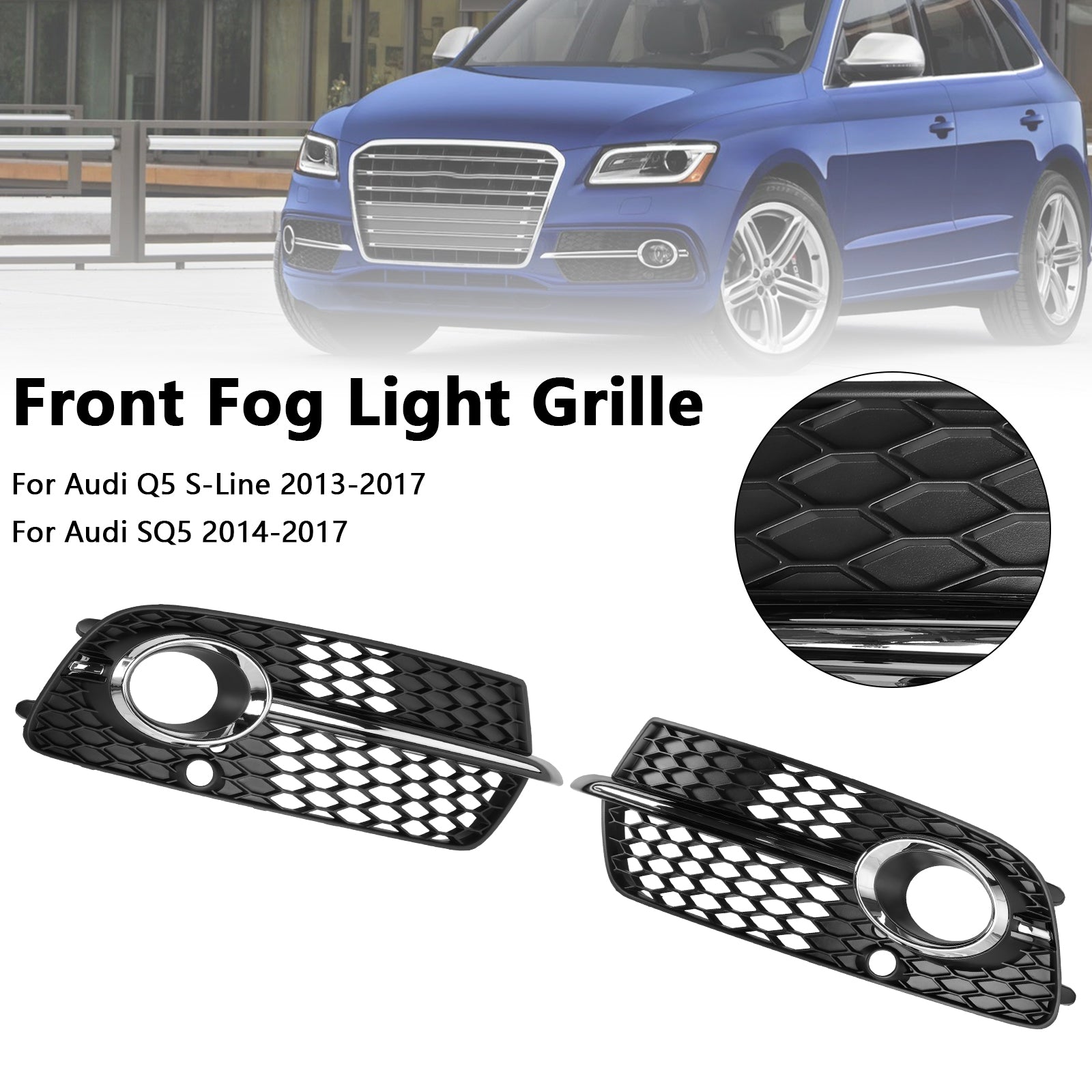 2013-2017 Audi Q5 S-Line SQ5 Black Chrome Front Bumper Fog Light Grille — Pair (8R0807682N / 8R0807681S)