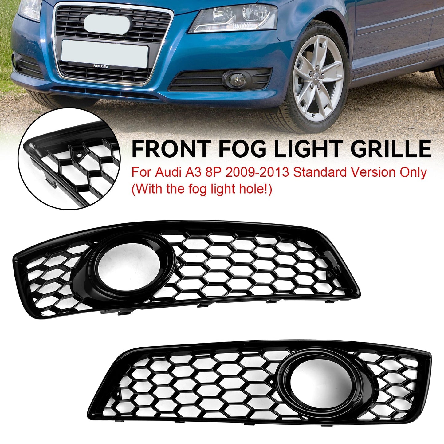 2009-2013 Audi A3 8P Standard Version Honeycomb Front Bumper Fog Light Grill Cover