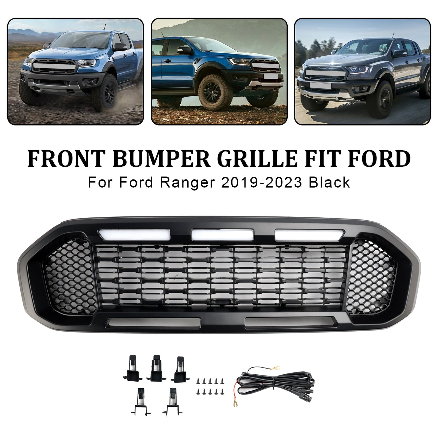 2019-2023 Ford Ranger Black Front Bumper Grill Grille T8 W/LED Light