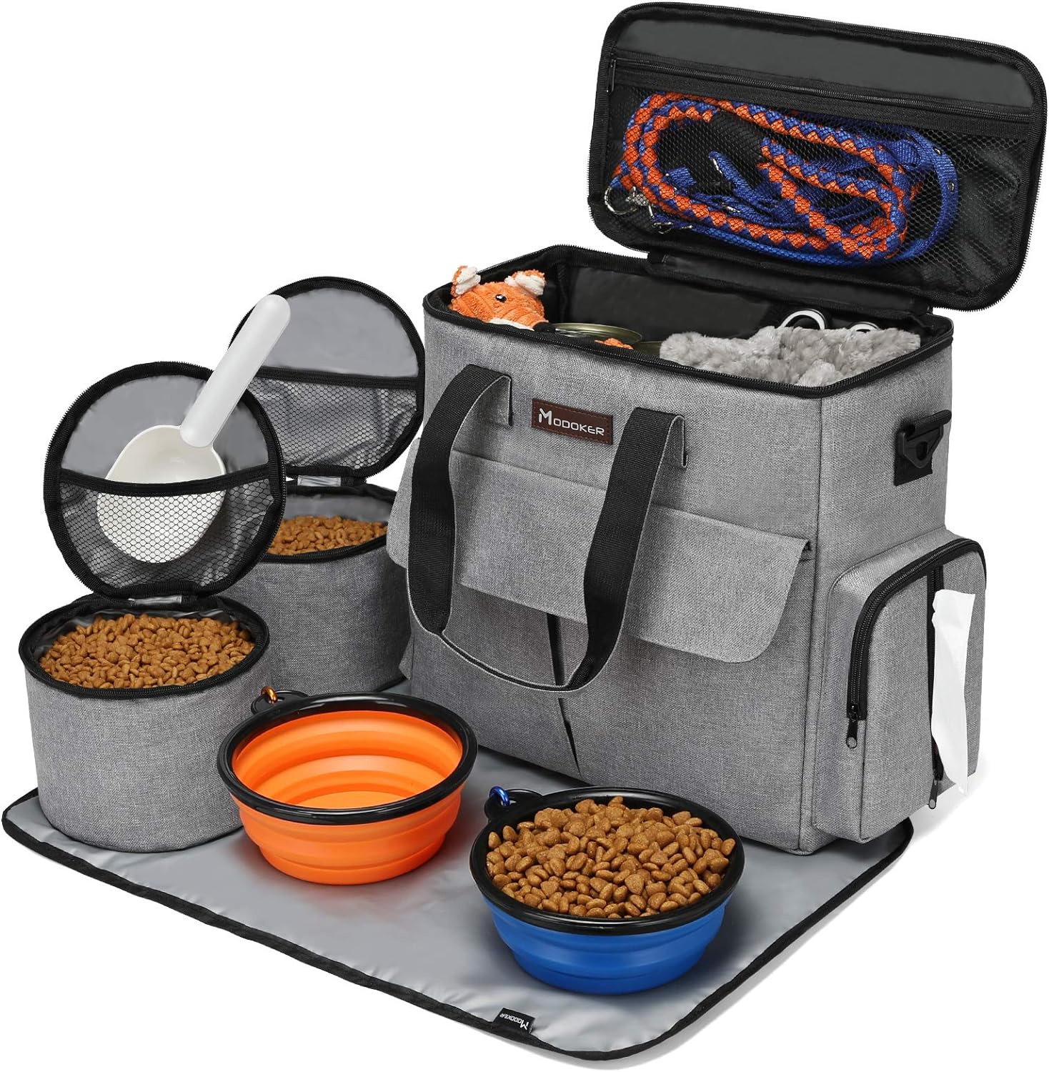 Dog Travel Bag, Weekend Pet Travel Set for Dog and Cat, Airline Approved Tote Organizer with Multi-Function Pockets, 2 Food Storage Containers, 2 Collapsible Bowls, 1 Feeding Mat (Grey) - OMOTOR