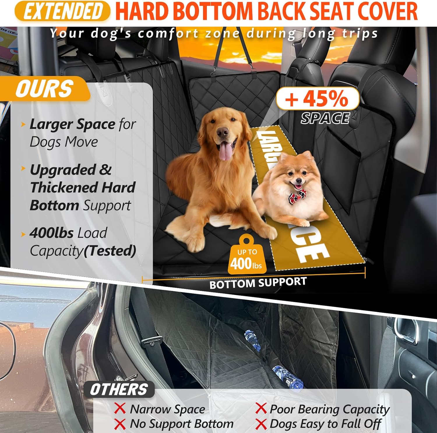 Back Seat Extender for Dogs-Large Space, Dog Car Seat Cover Hard Bottom Holds 400lbs, Sturdy Backseat Extender for Dogs, Waterproof Dog Hammock for Car Dog Car Bed for Car, SUV, Samll Truck - OMOTOR