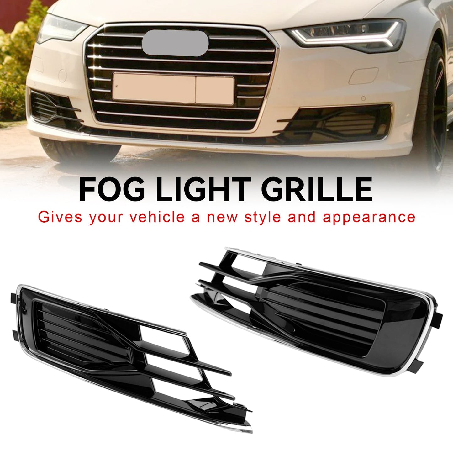 2014-2018 Audi A6 C7 Black Chrome Front Bumper Fog Light Cover Grill — Pair (4G0807647T94 / 4G0807648T94)