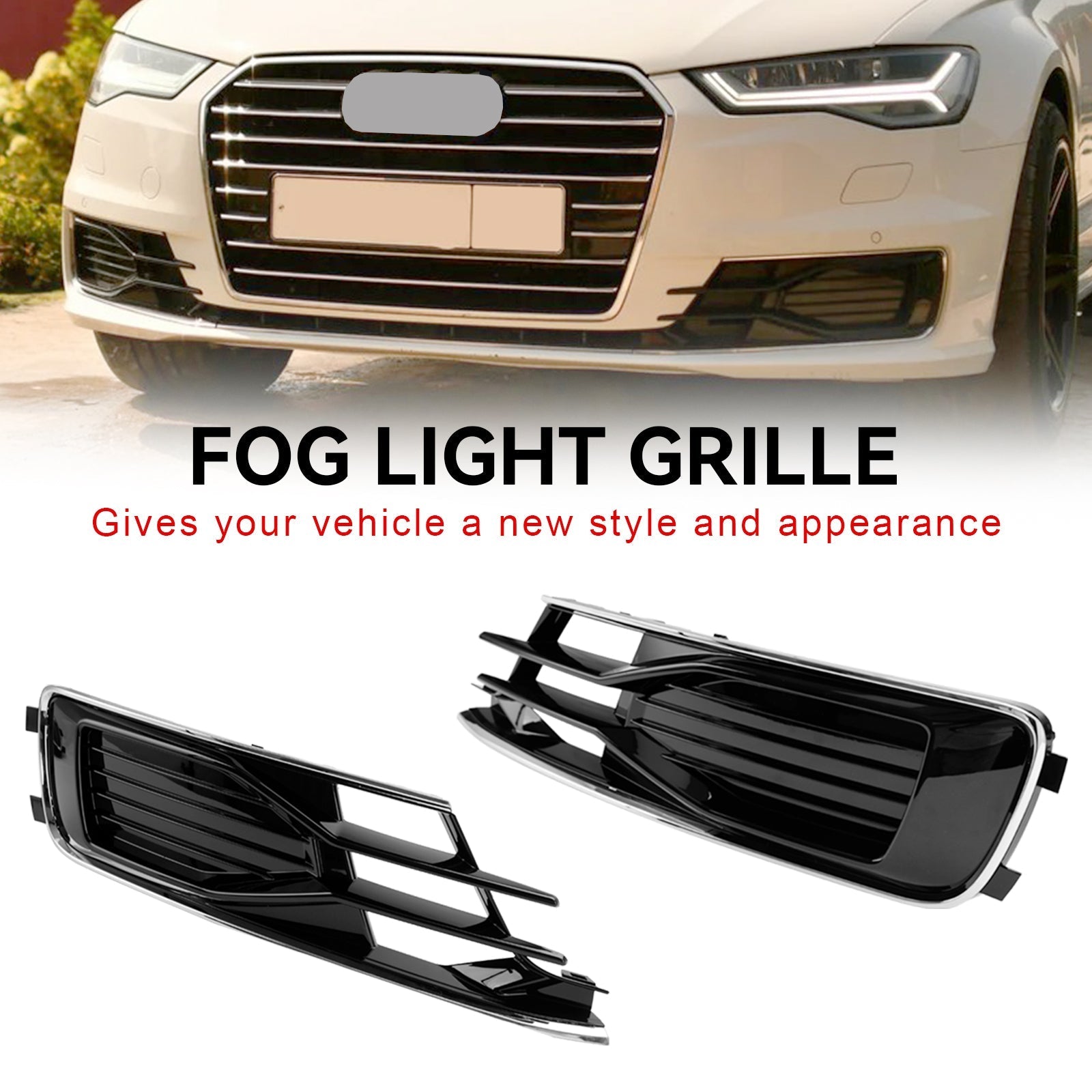 2014-2018 Audi A6 C7 Black Chrome Front Bumper Fog Light Cover Grill — Pair (4G0807647T94 / 4G0807648T94)