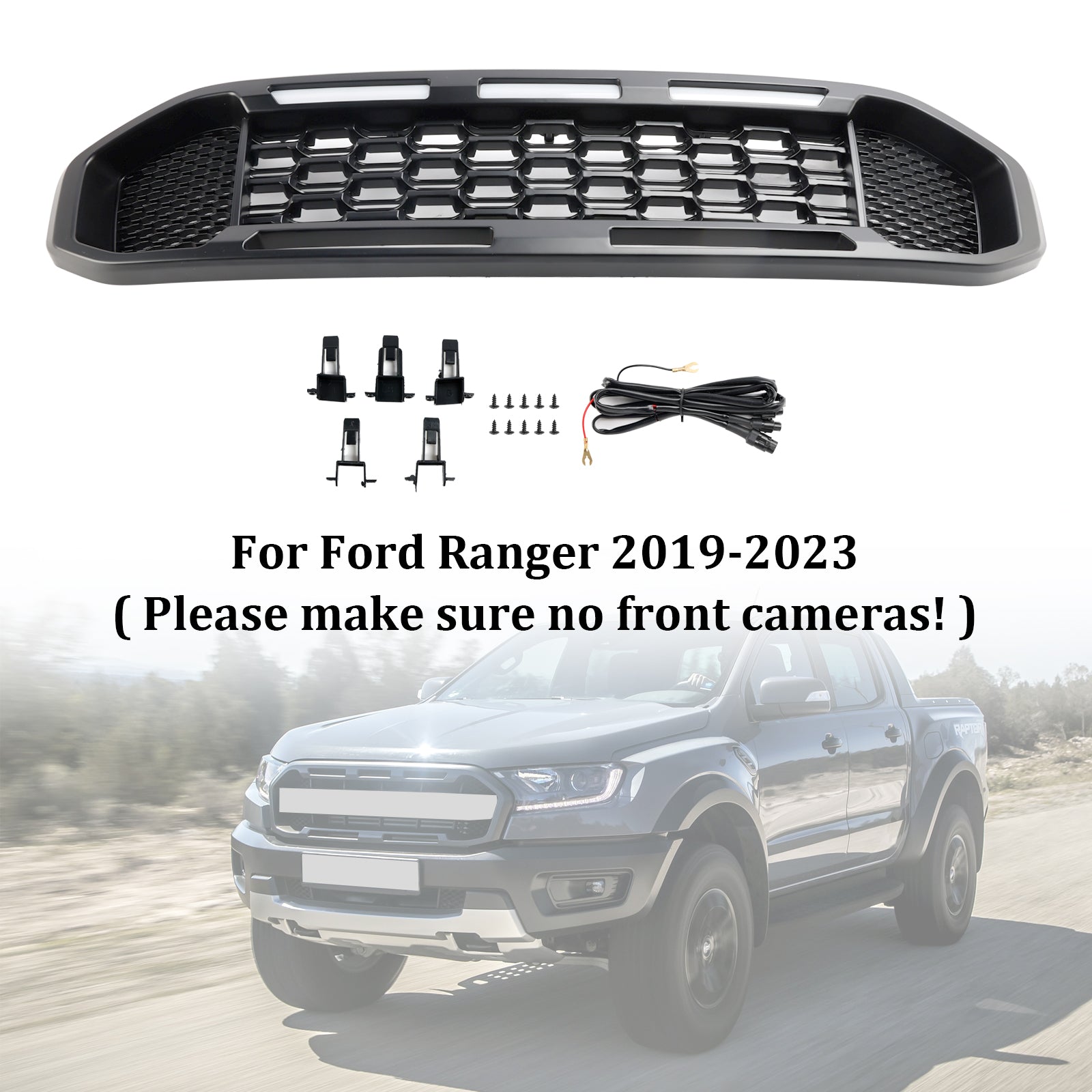 2019-2023 Ford Ranger Black Front Bumper Grill Grille T8 W/LED Light