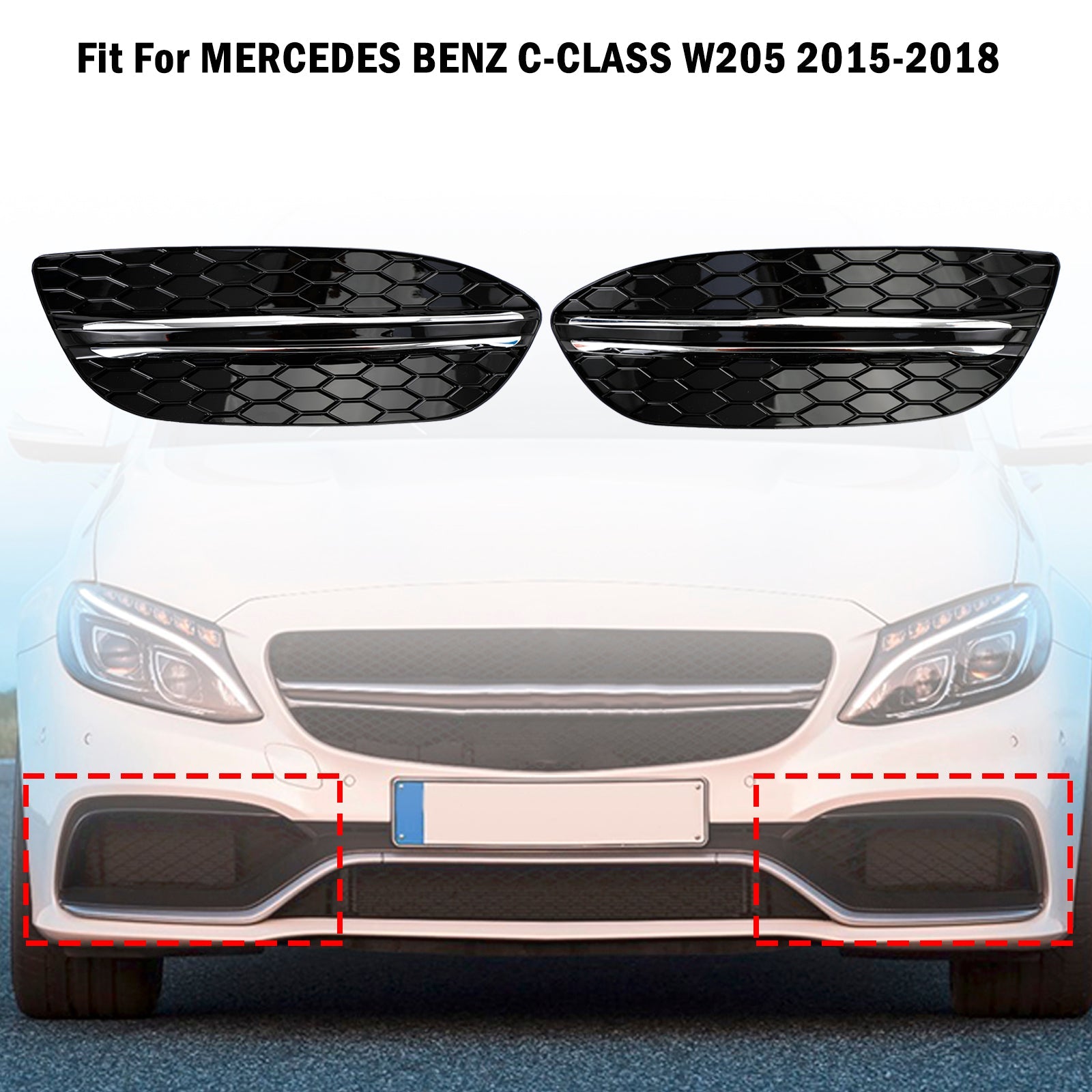 2015-2018 Mercedes-Benz C-Class W205 Honeycomb Front Fog Light Cover (2058850723 / MB1038172)