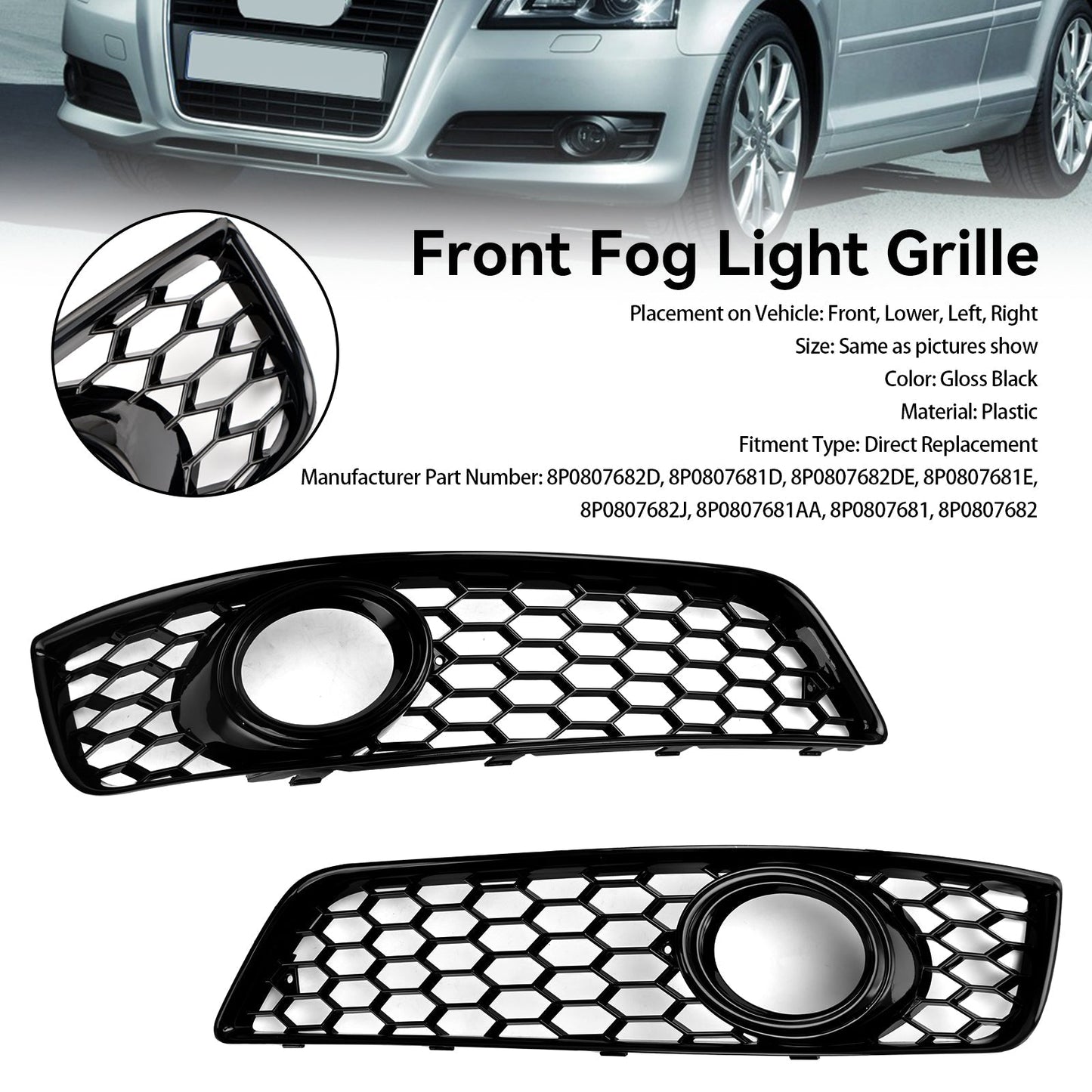 2009-2013 Audi A3 8P Standard Version Honeycomb Front Bumper Fog Light Grill Cover