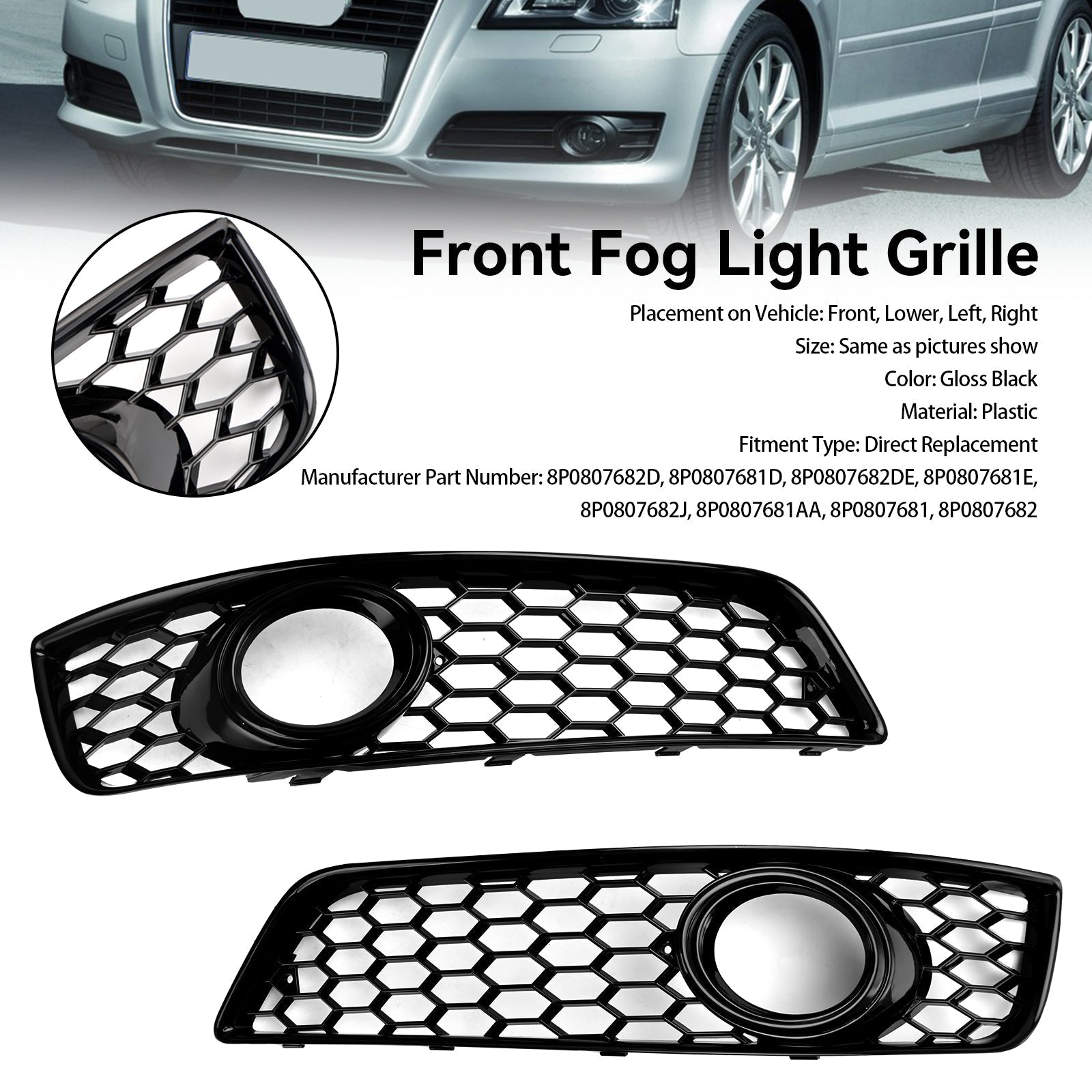2009-2013 Audi A3 8P Standard Version Honeycomb Front Bumper Fog Light Grill Cover