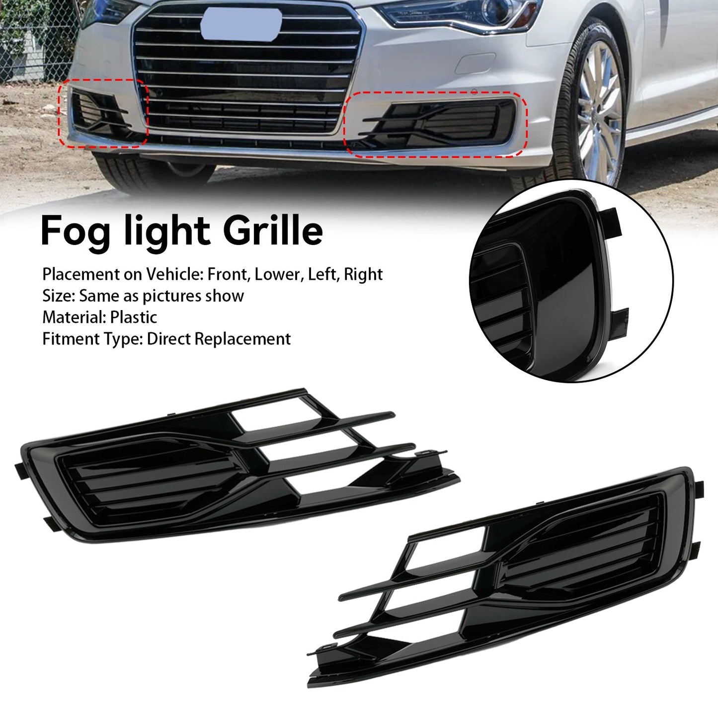 2014-2018 Audi A6 C7 Black Front Bumper Fog Light Cover Grille — Pair (4G0807647T94 / 4G0807648T94)