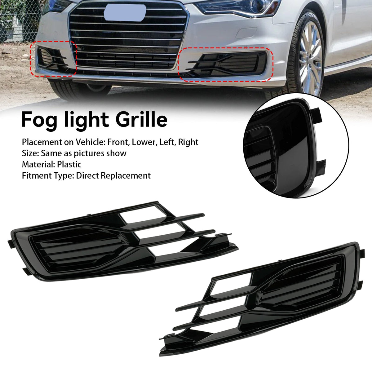 2014-2018 Audi A6 C7 Black Front Bumper Fog Light Cover Grille — Pair (4G0807647T94 / 4G0807648T94)