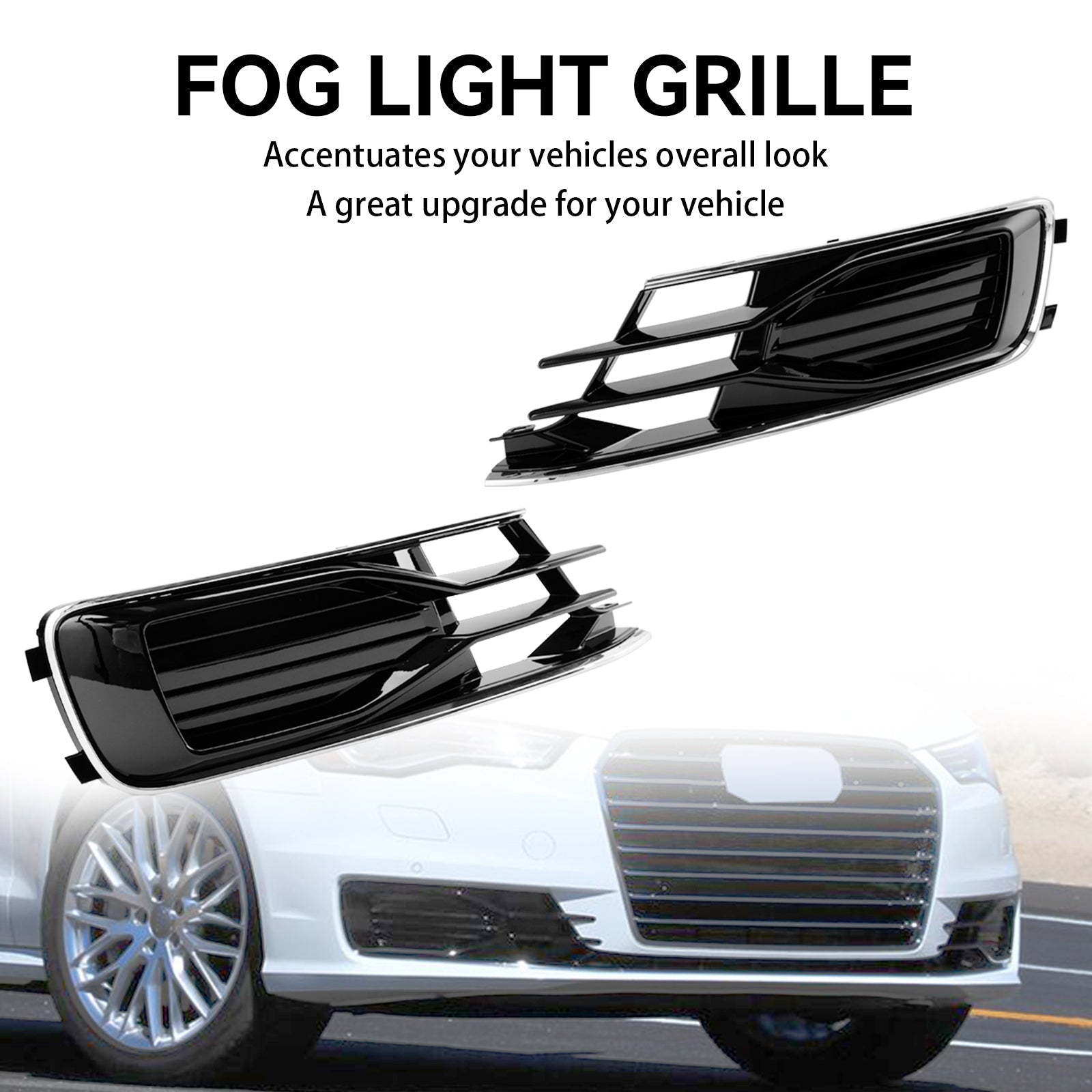 2014-2018 Audi A6 C7 Black Chrome Front Bumper Fog Light Cover Grill — Pair (4G0807647T94 / 4G0807648T94)