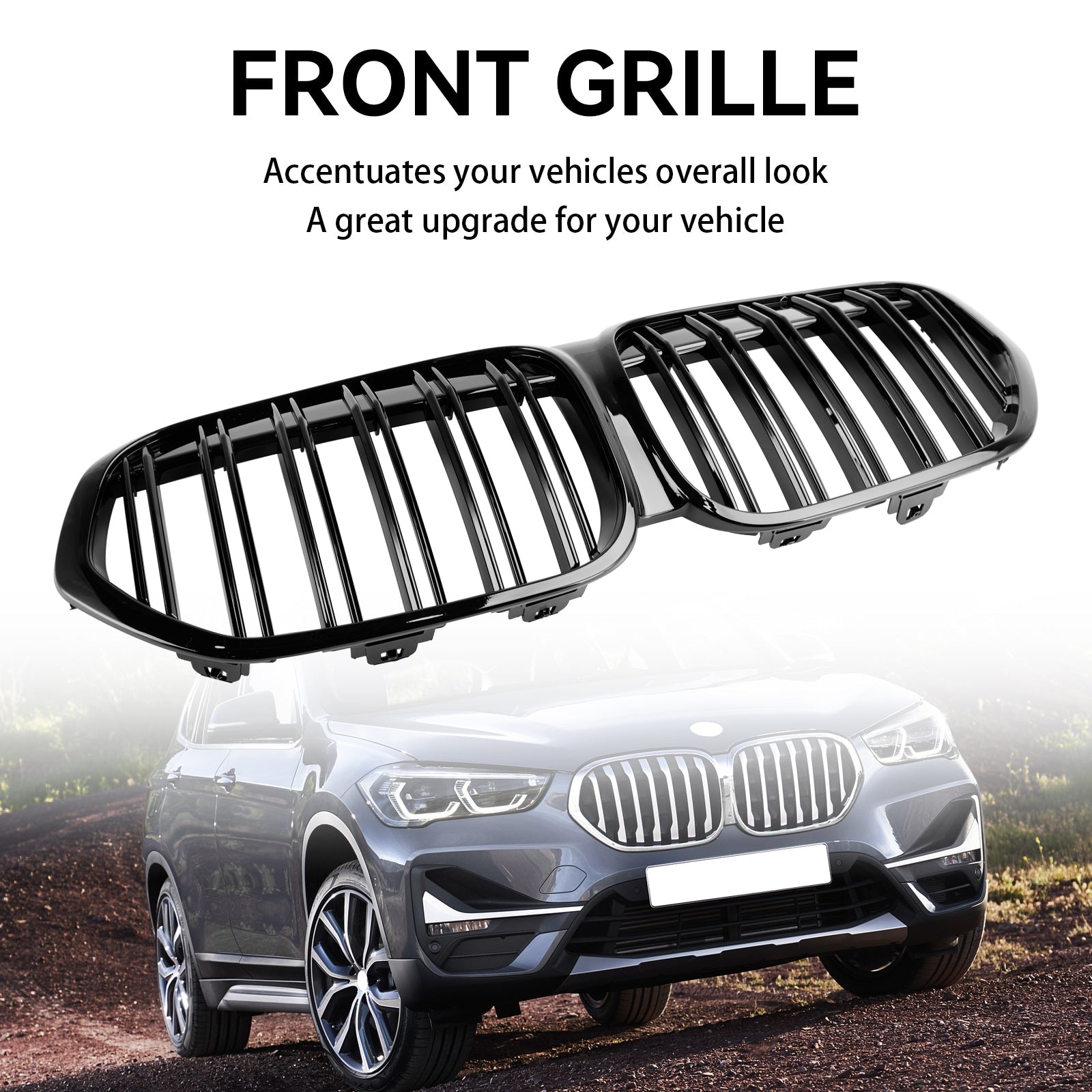 2019-2021 BMW X1 F48 F49 Dual Slat Gloss Black Front Kidney Grille