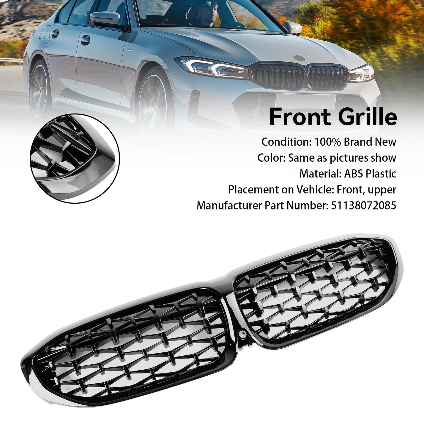 2019-2022 BMW 3 Series G20 G28 Diamond Black Front Kidney Grille (51138072085)