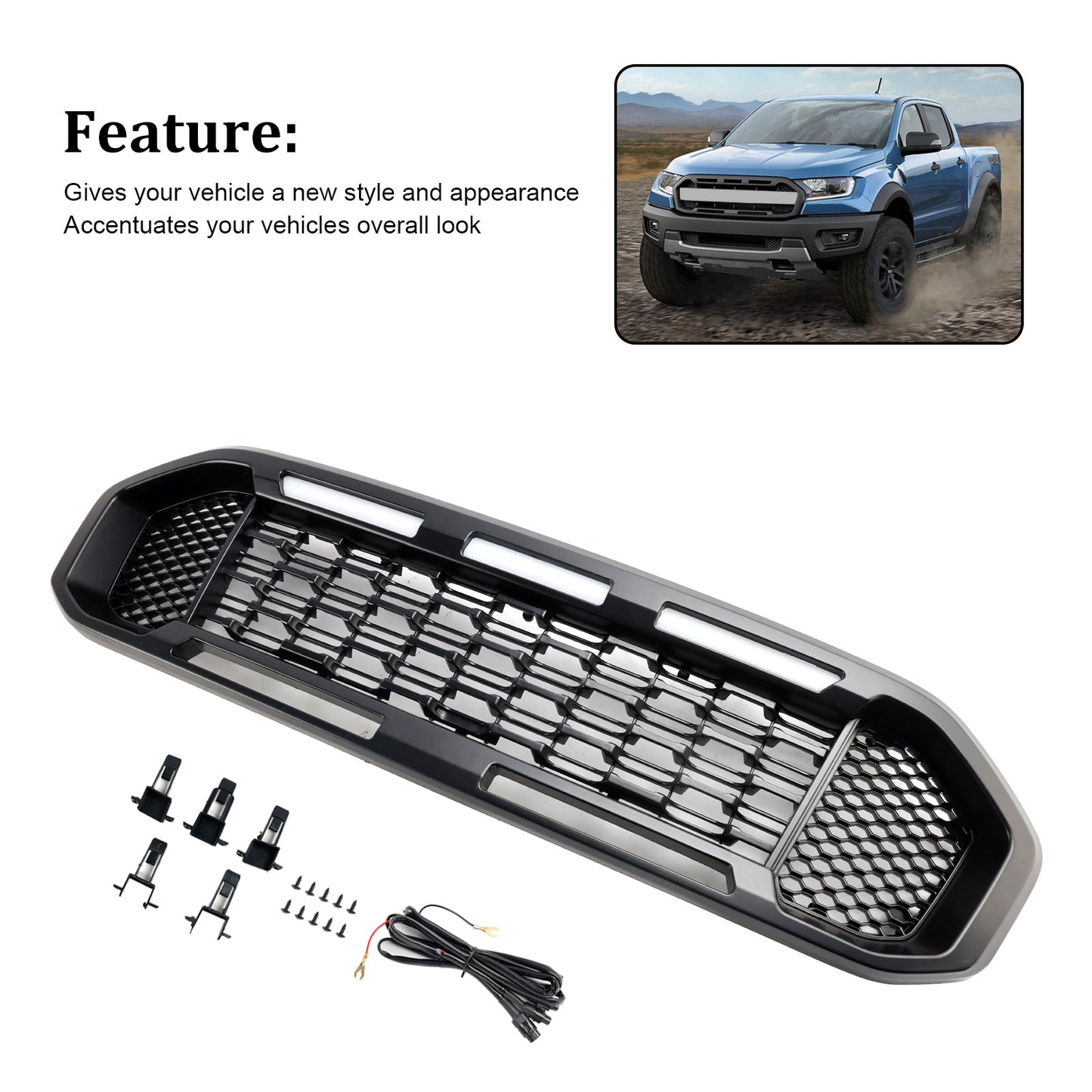 2019-2023 Ford Ranger Black Front Bumper Grill Grille T8 W/LED Light
