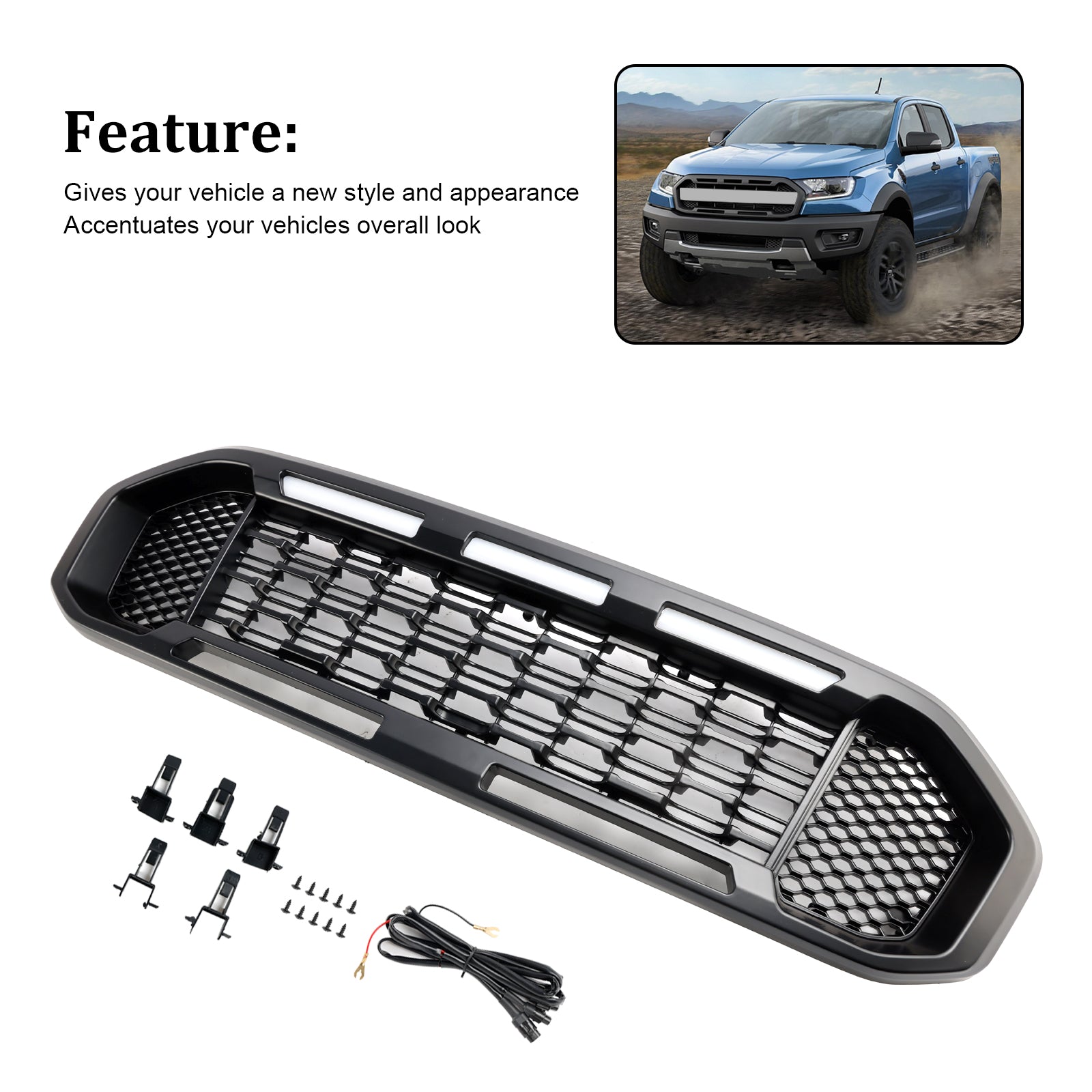 2019-2023 Ford Ranger Black Front Bumper Grill Grille T8 W/LED Light