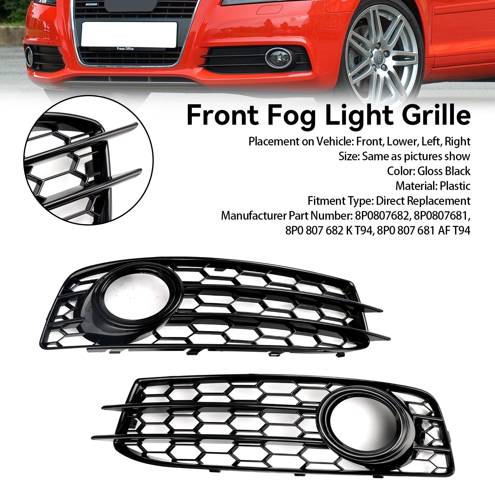 2009-2012 Audi A3 8P S-Line Honeycomb Front Bumper Fog Light Grill Cover