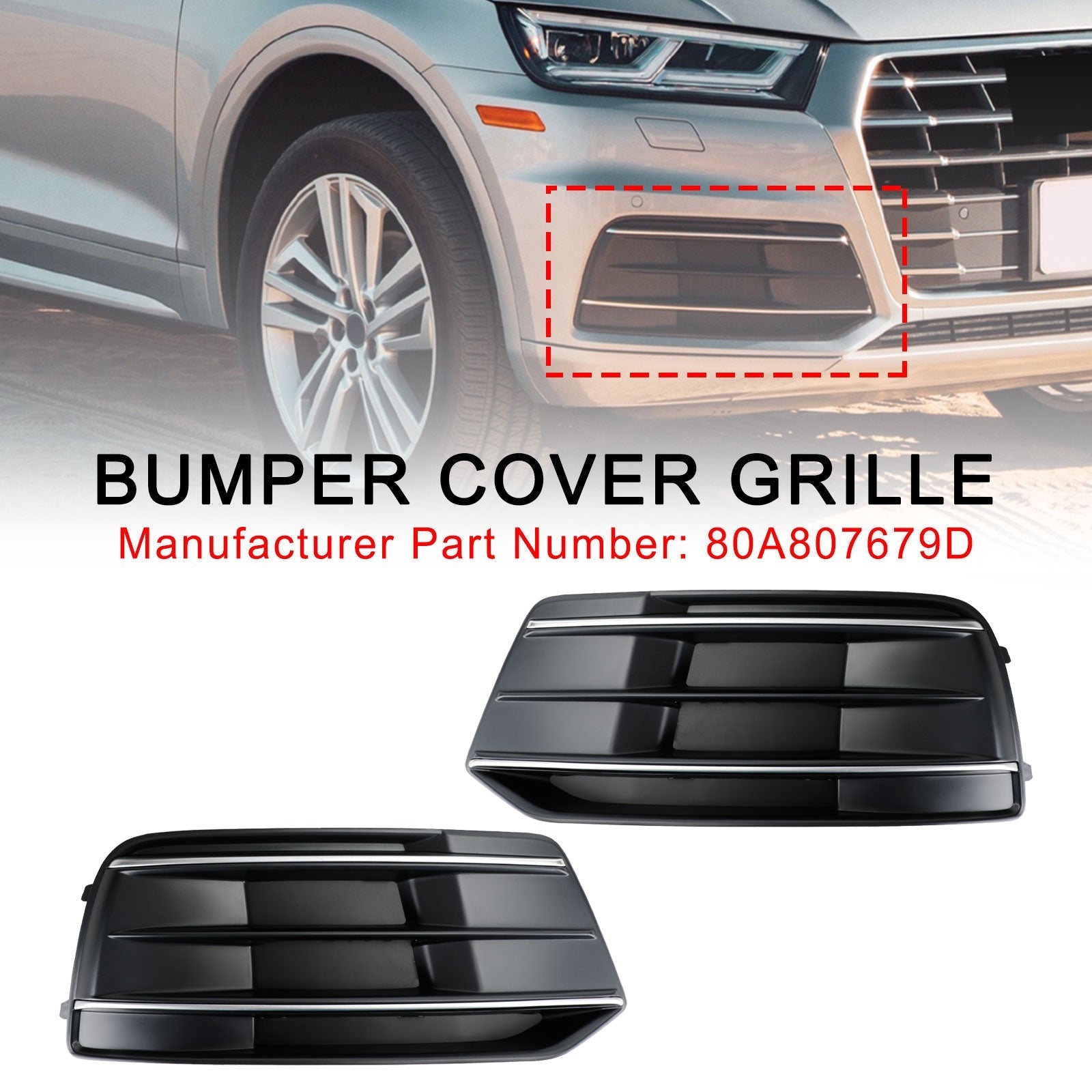 2018-2022 Audi Q5 Standard Black/Chrome Front Bumper Cover Grille Bezel Insert — Pair
