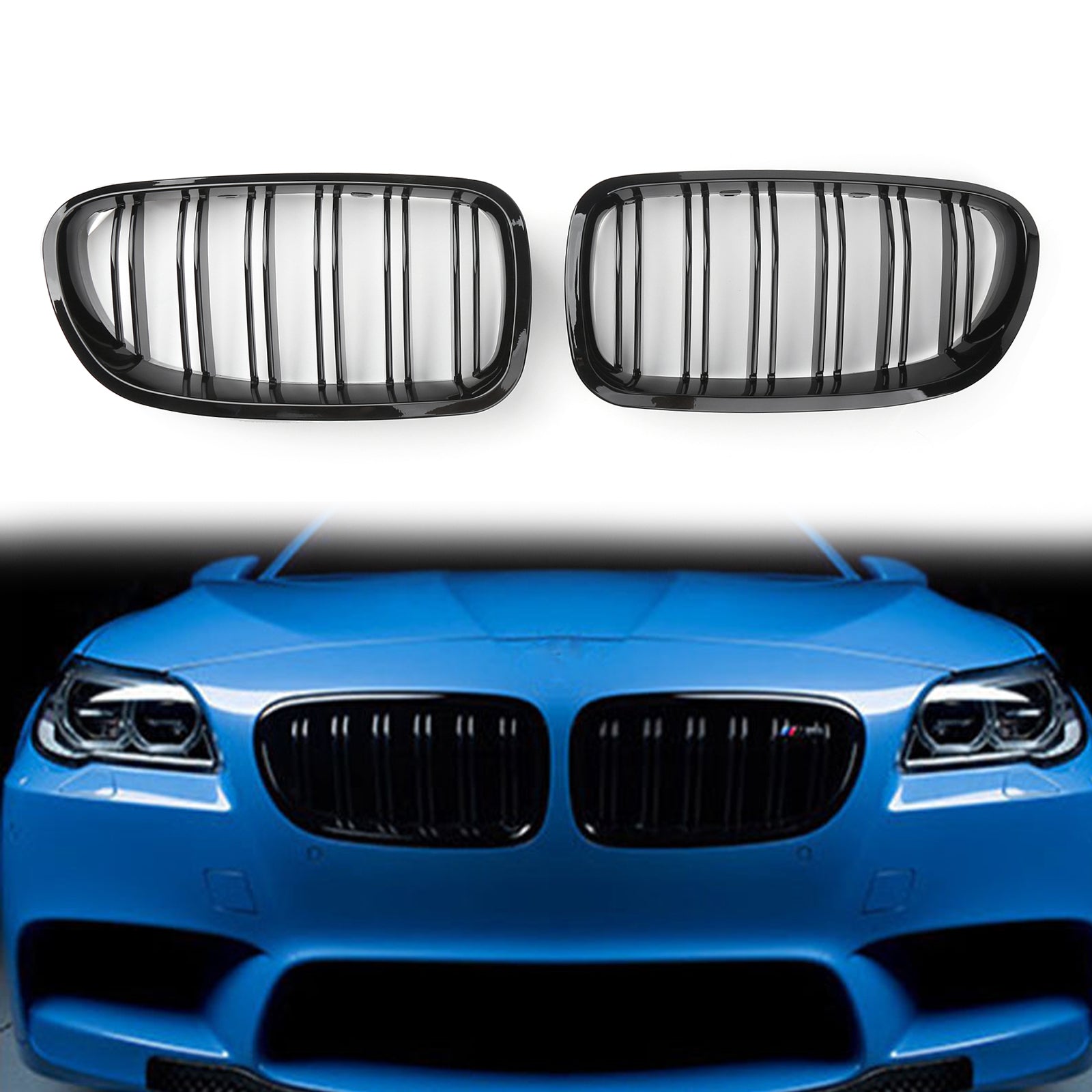 2011-2016 BMW 5 Series F10 Dual Slat Gloss Black Front Kidney Grille — Pair (51137203649 / 51137203650)