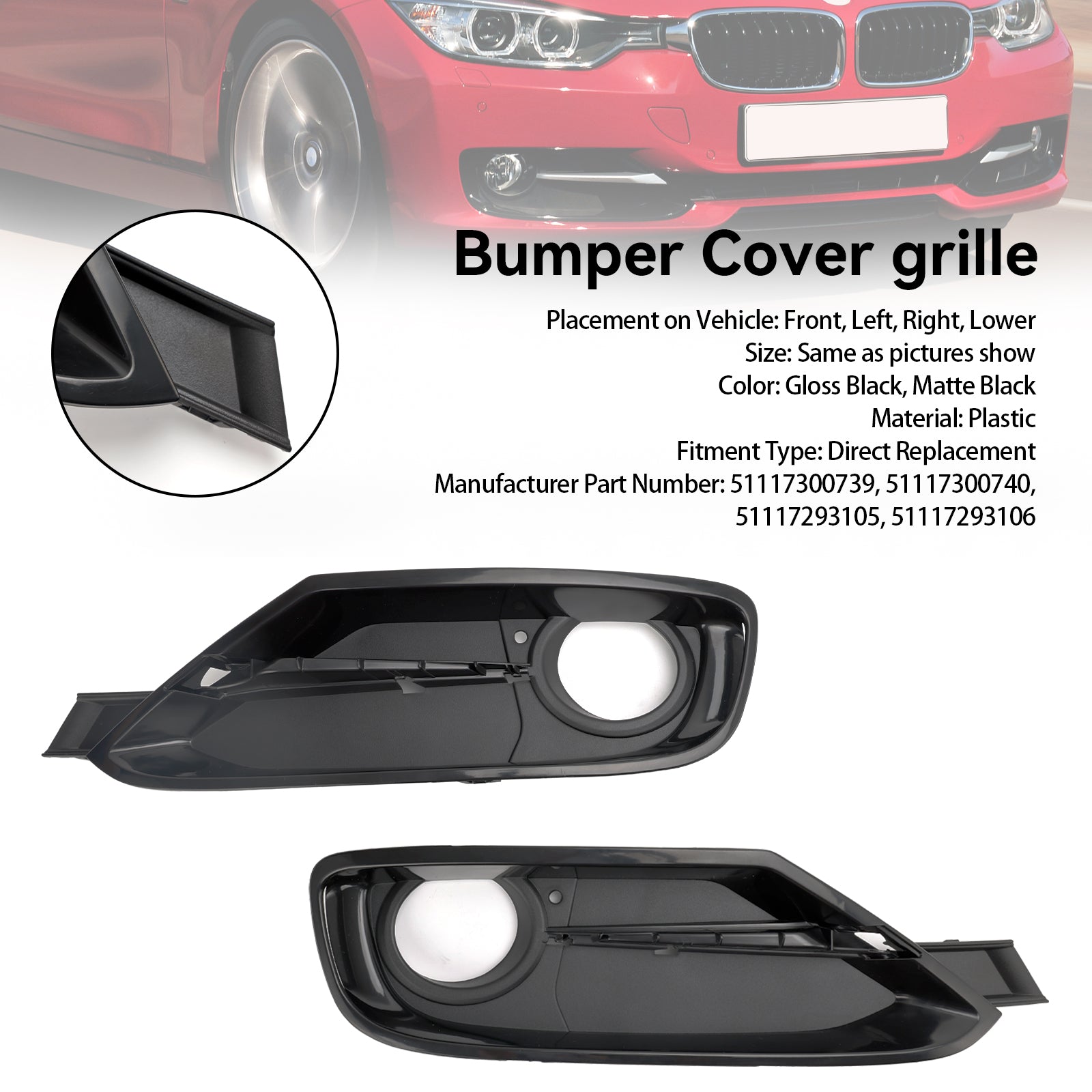 2013-2015 BMW 335i 335i xDrive Front Bumper Fog Light Grille Cover — Pair (51117300739 / 51117300740)