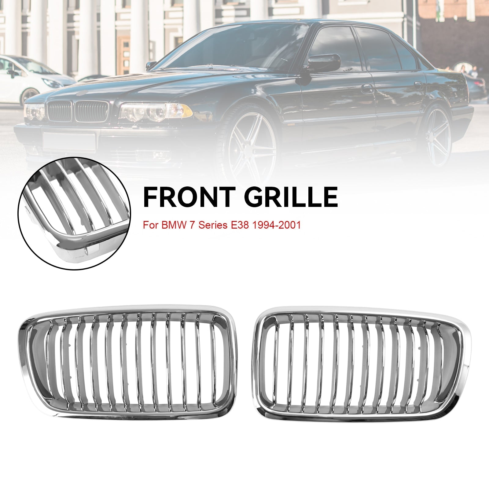 1994-2001 BMW 7 Series E38 Chrome Front Kidney Grille — Pair (51138125811 / 51138125812)