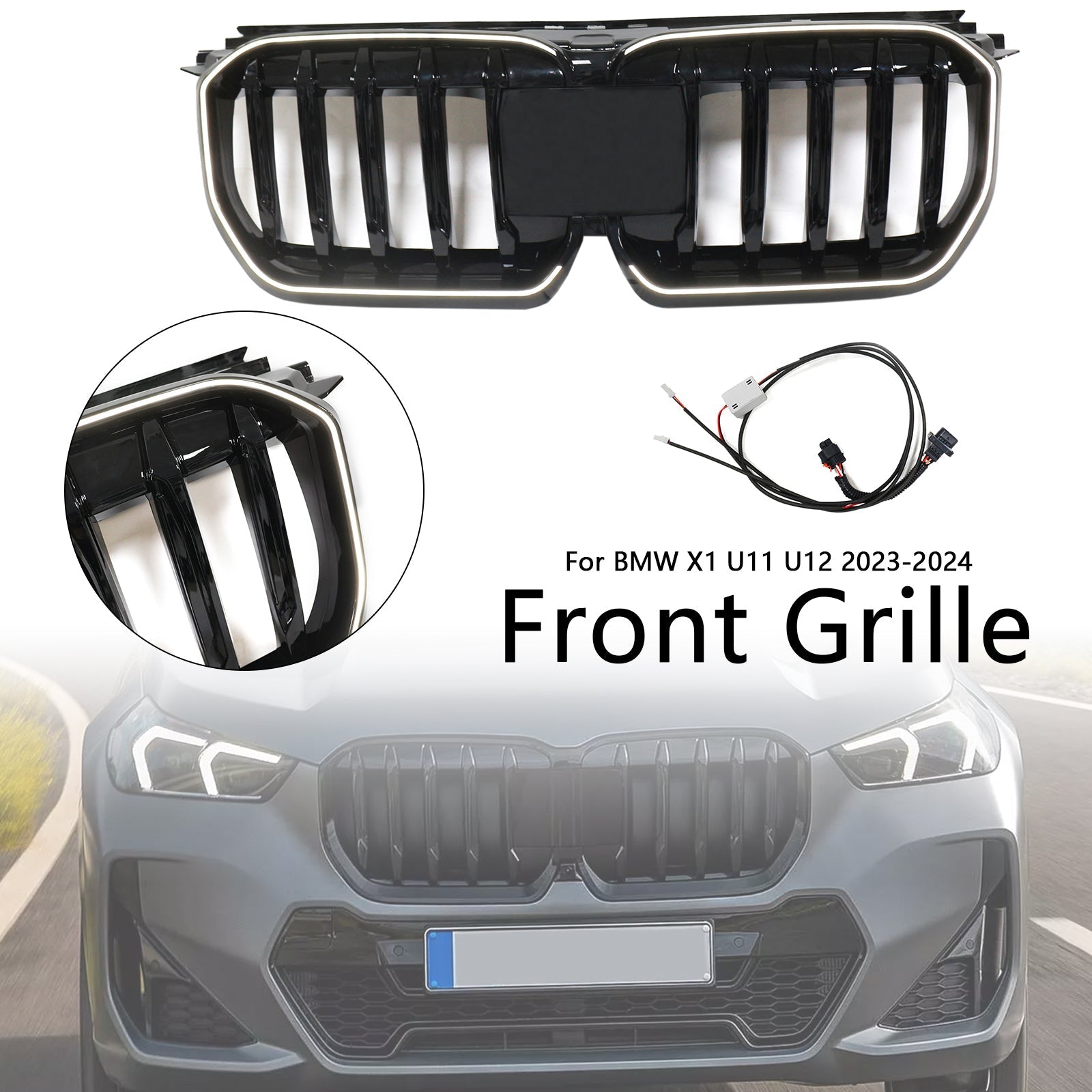 2023-2024 BMW X1 U11 U12 Gloss Black Front Bumper Kidney Grille — Large Set